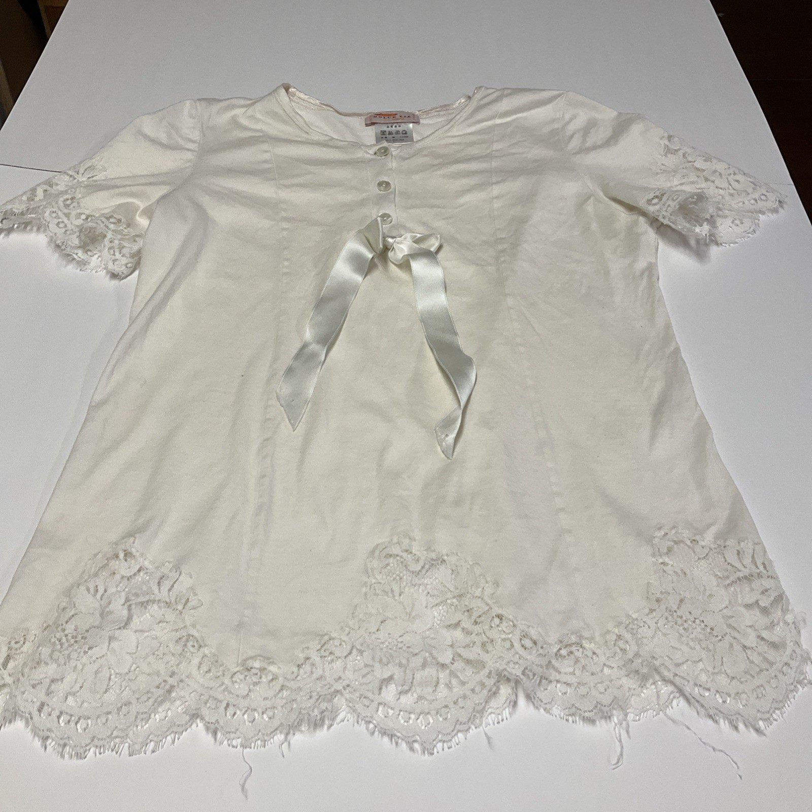 Vintage Dolce Lia Lace Trim Lingerie Top Ivory Short Sleeve L Satin Bow Italy