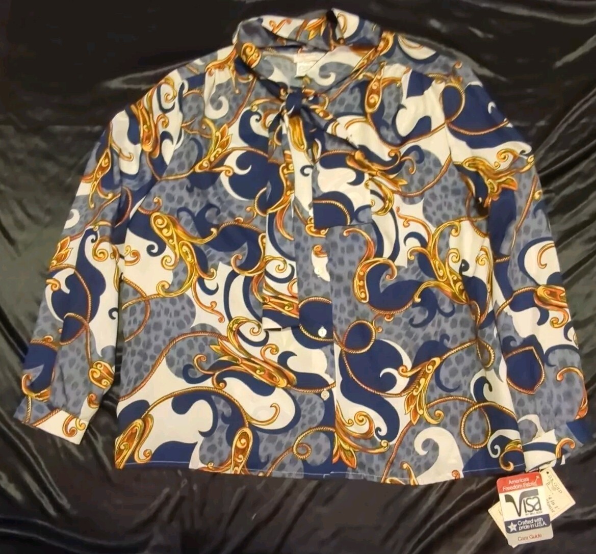 NEW Vth 80s 90s Womens Shirt Neck Bow Glam Gold Blue Print DK Gold Size 20 1X