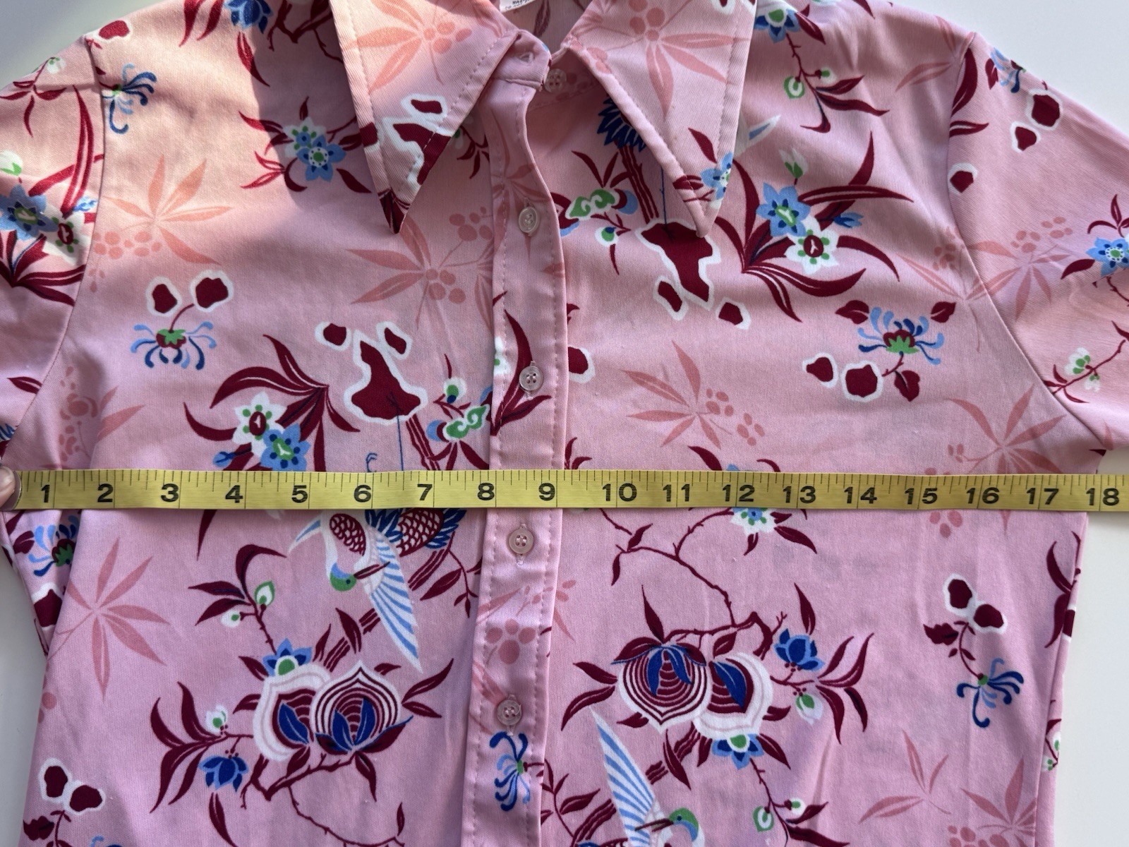 Vintage 70s Lerner Shops Pink Boho Birds & Floral Long Sleeve Button Down Top