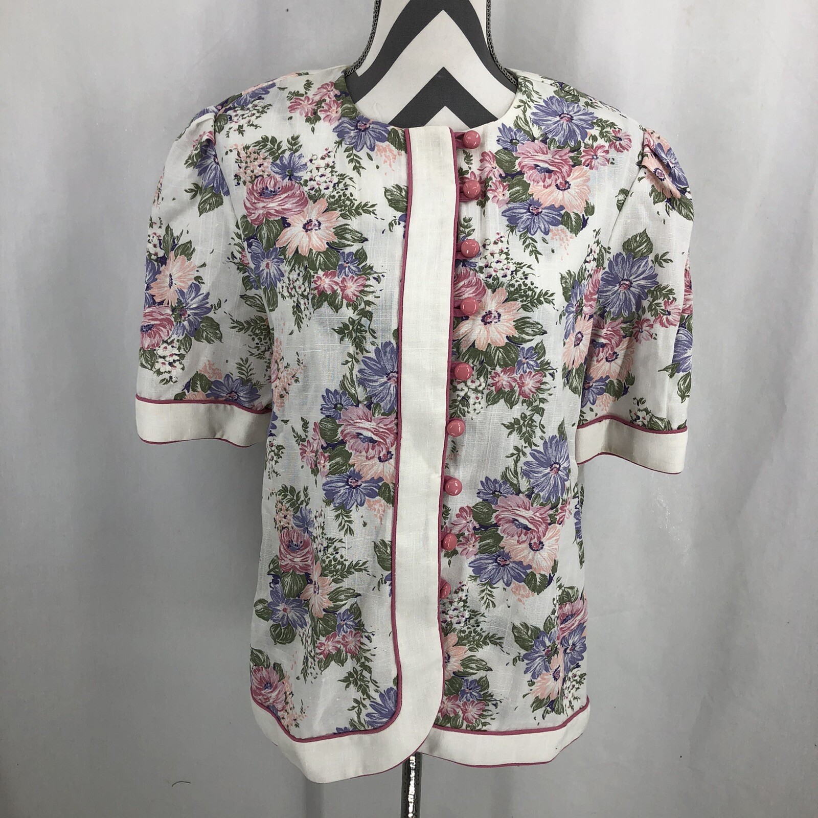 In Cinq Vintage Floral Button Front Blazer Jacket Blouse Shoulder Pads Sz 16 USA