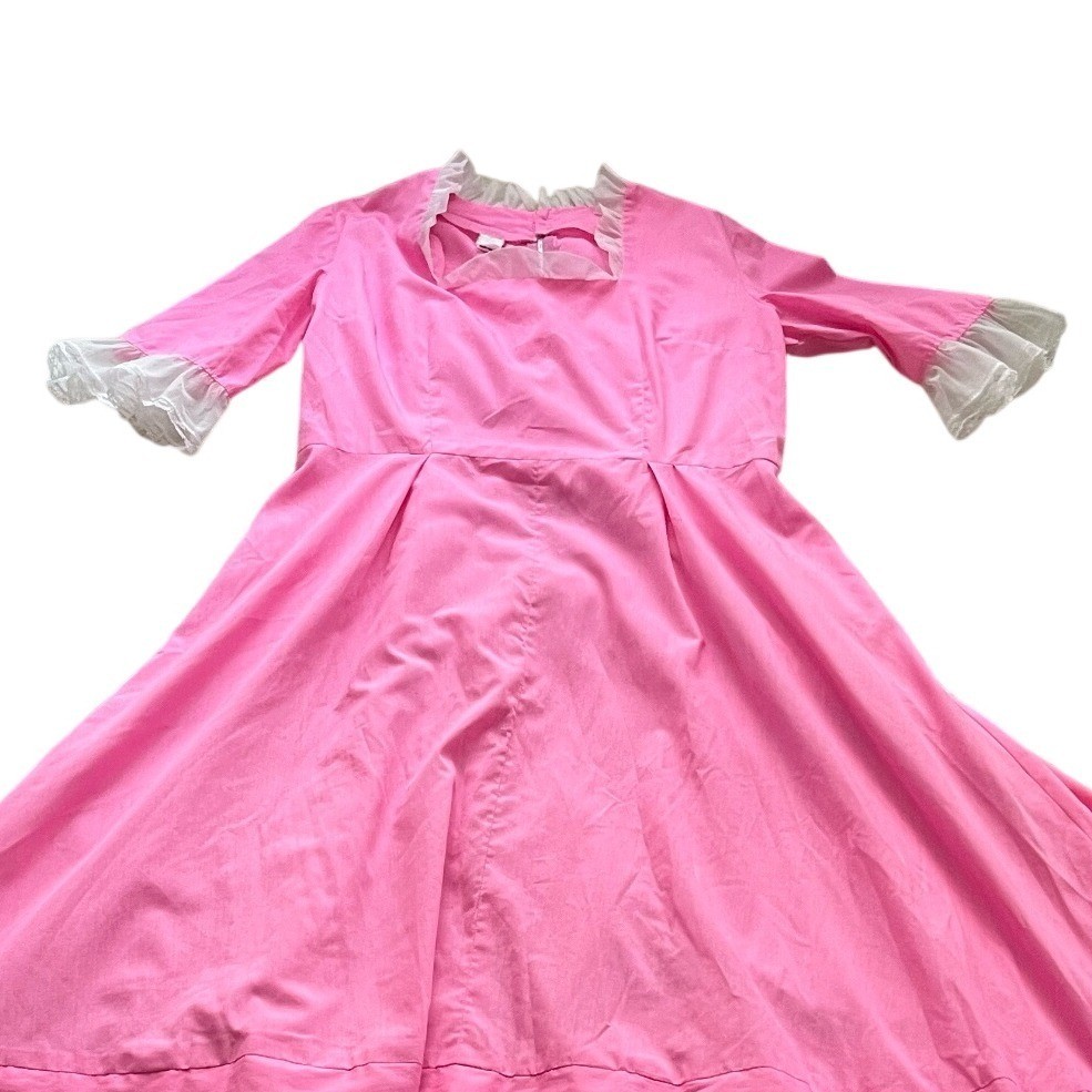 Vintage 70s Pink Prairie Western Maxi Dress Ruffle Square Barbiecore Neck Sz L