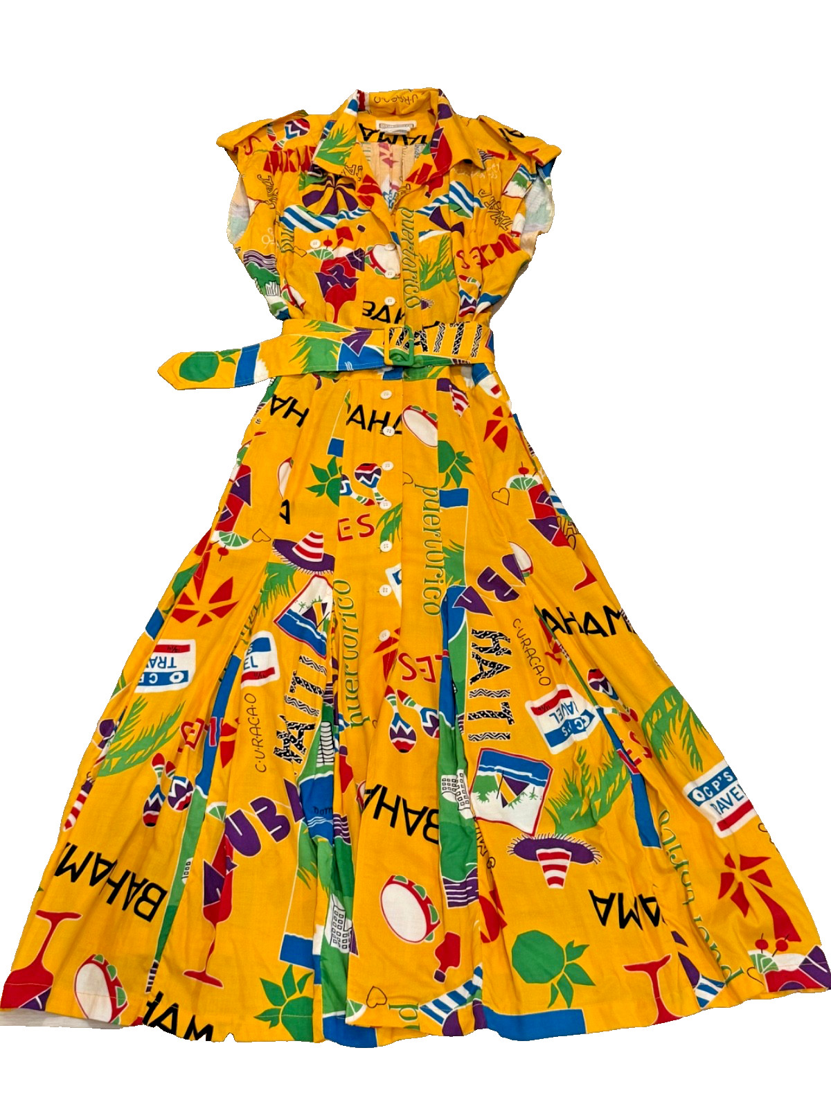 Vintage 1980s Karen Alexander Caribbean Print Belted Midi Dress Tropical Size 10