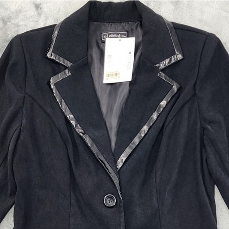 Vintage Elementz Blazer Womens S Black Faux Patent Leather Trim Office Formal