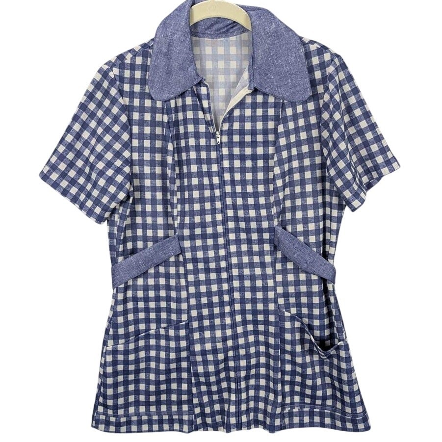 Vtg Shirt Women’s Medium Short Sleeve Zip Plaid Pockets Contrast Collar Belt