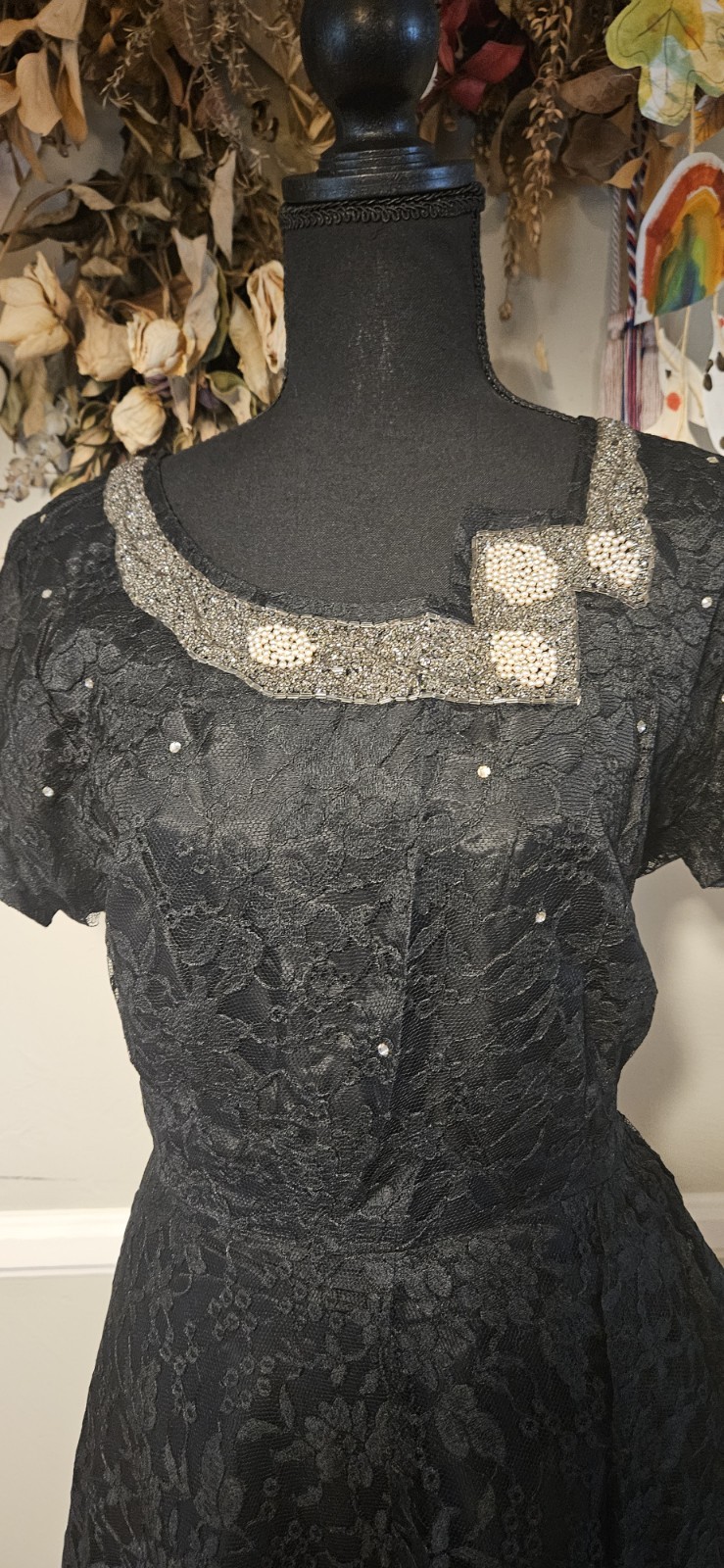 Vintage 1940s Black Lace Party Dress With Heavy Beading On Neckline