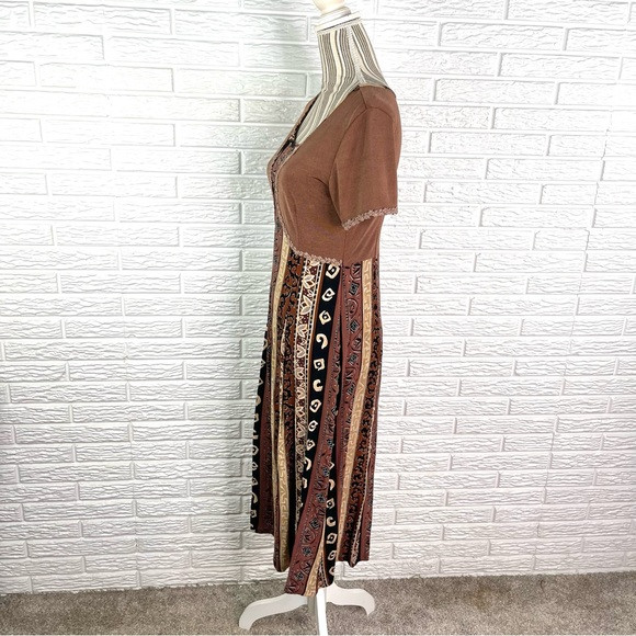Vintage Parahero Patterned Striped Maxi Dress Brown Black Cream Size Small