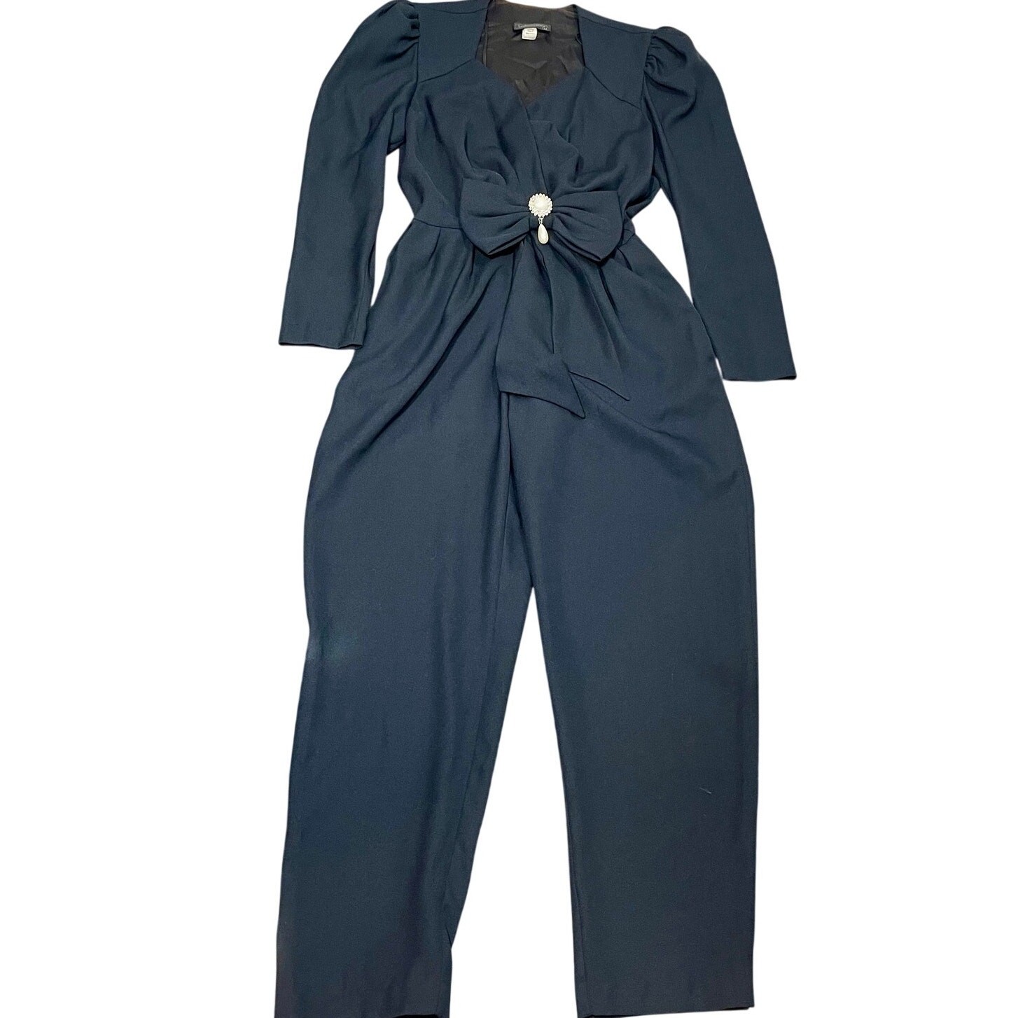 Vintage 1980s Black Satin Jumpsuit Late Edition Evening Glam Faux-Pearl Bow S/M