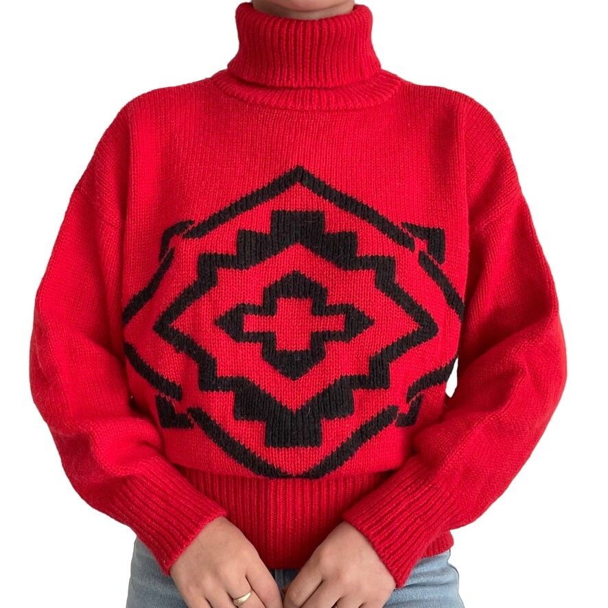 Vintage 80s Boundary Waters Red Wool Blend Geometric Retro Turtleneck Sweater