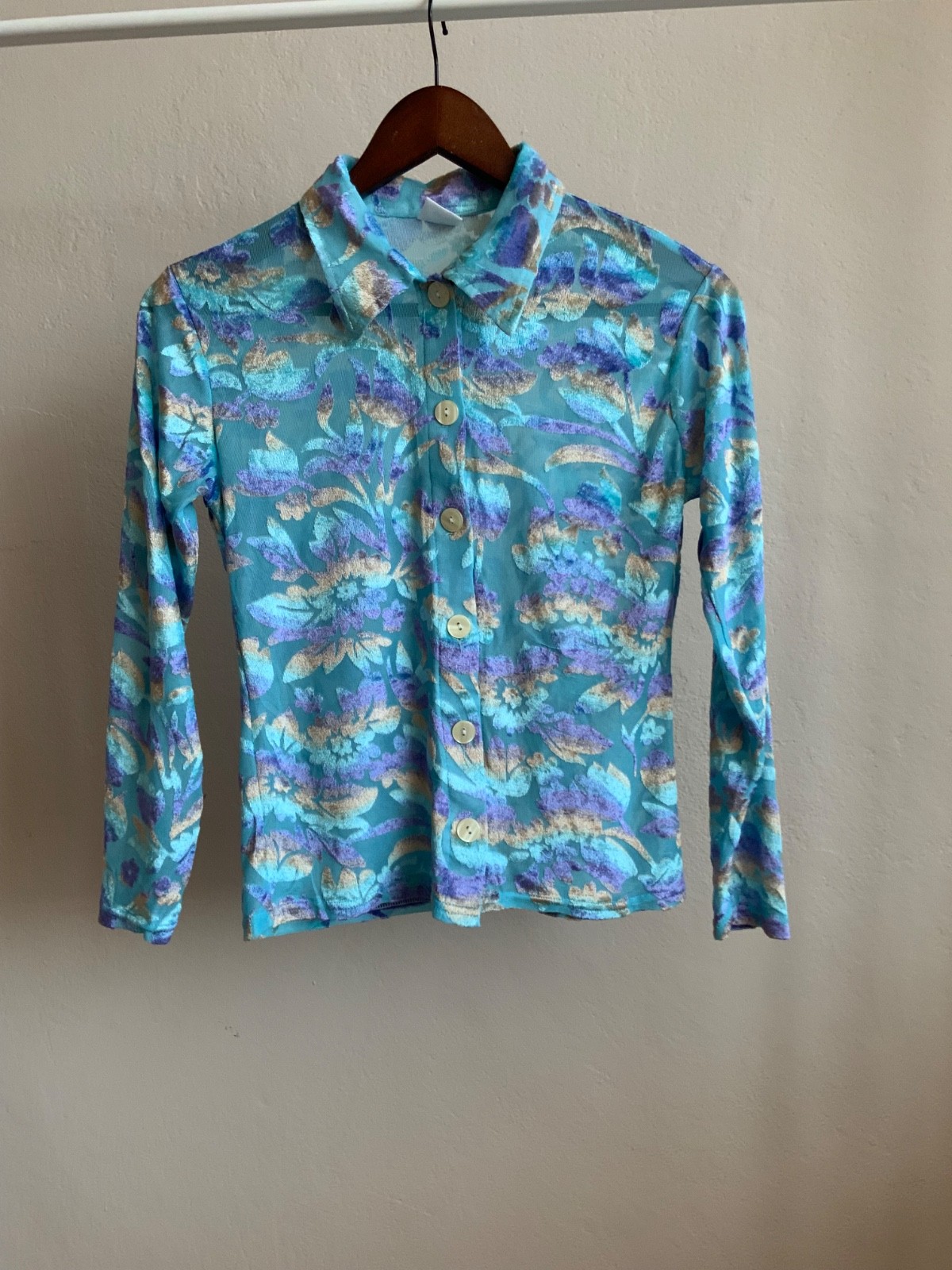 Vintage La Figure Paris Sheer Velvet Flocked Button Down Blouse Y2K Size S