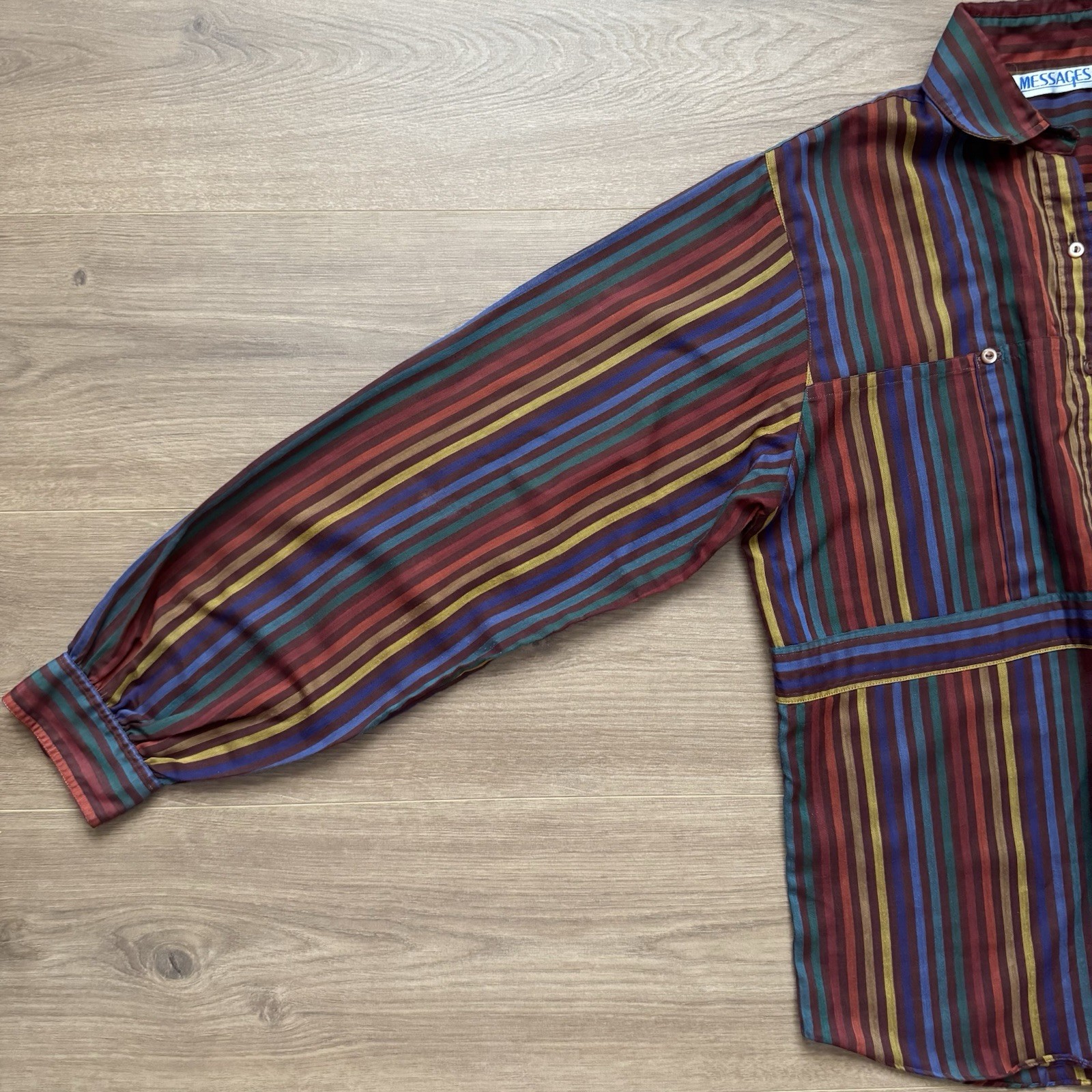 Vintage 80s Vertical Striped Button Light Shirt Messages Womens Sz 10 Multicolor
