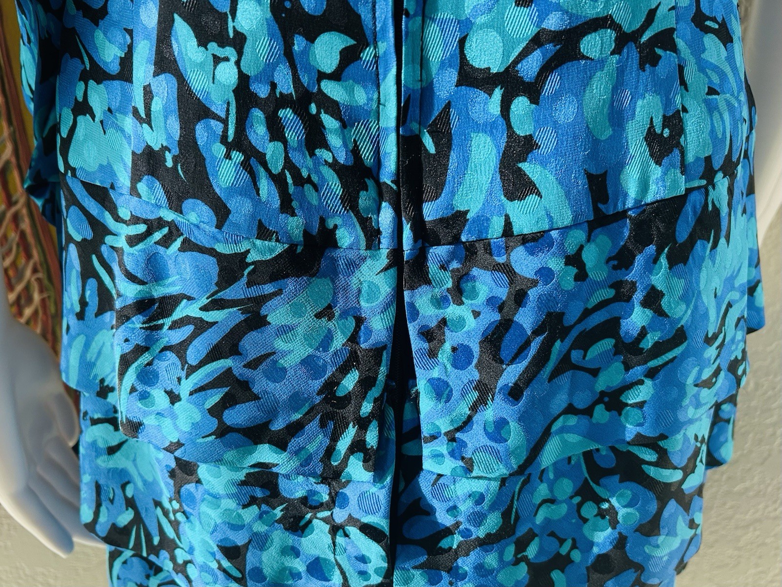 A.J. Bari Blue Floral Print Tiered Dress Bow 80s Vtg Sz 12 See Measurements
