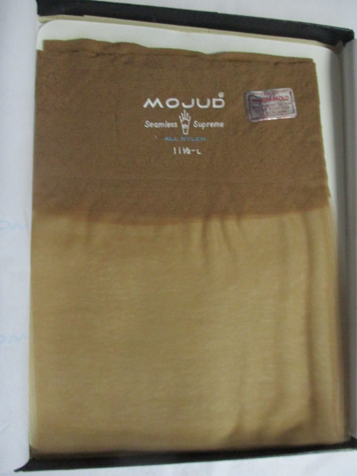 1PR VINTAGE MOJUD RHT SHEER SHINY FLAT KNIT NYLON STOCKINGS SZ 11 1/2 LONG BEIGE