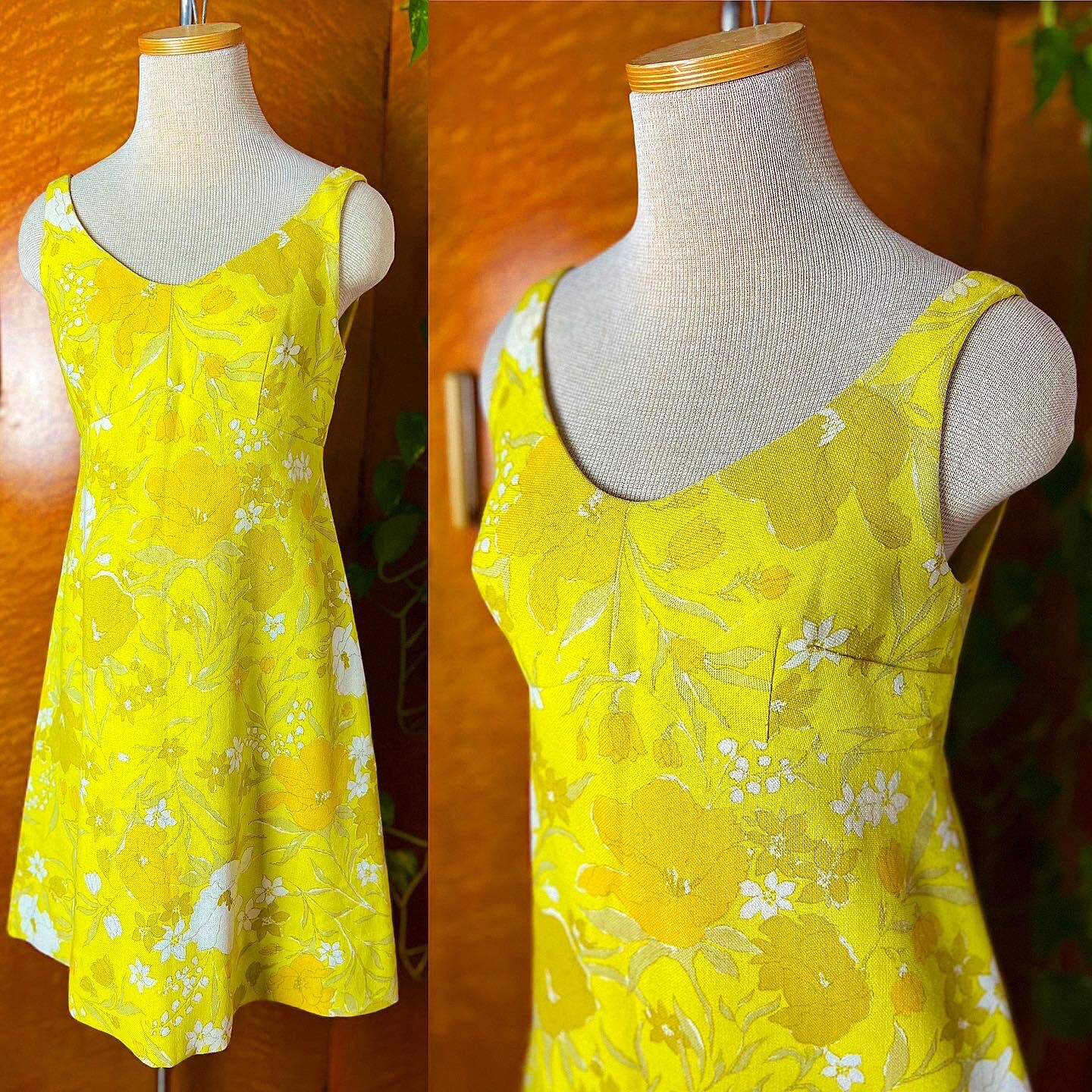 YELLOW LINEN 60s 1960’s Vintage Mod Floral Mini Shift Go Go Dress Sundress S M