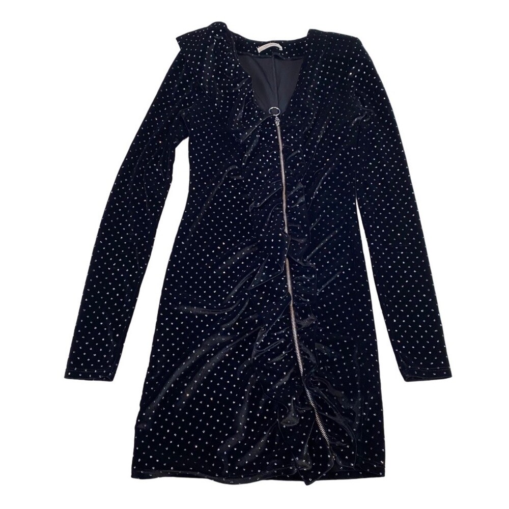Zara Trafaluc Velvet Ruffle Zip Black Glitter Dot Bloggers Favorite Dress Small