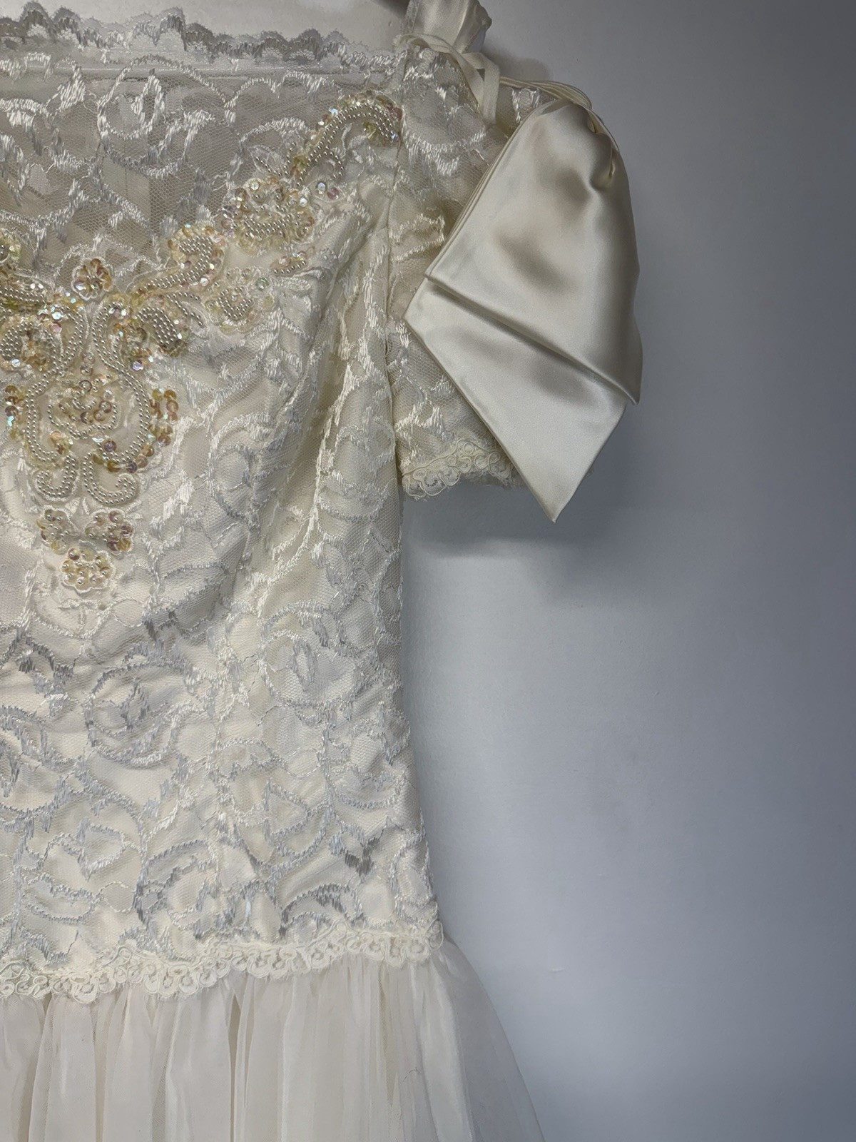 Alfred Angelo Y2K VTG 80s 90s White Satin Short Sleeve Wedding Dress V Neck S