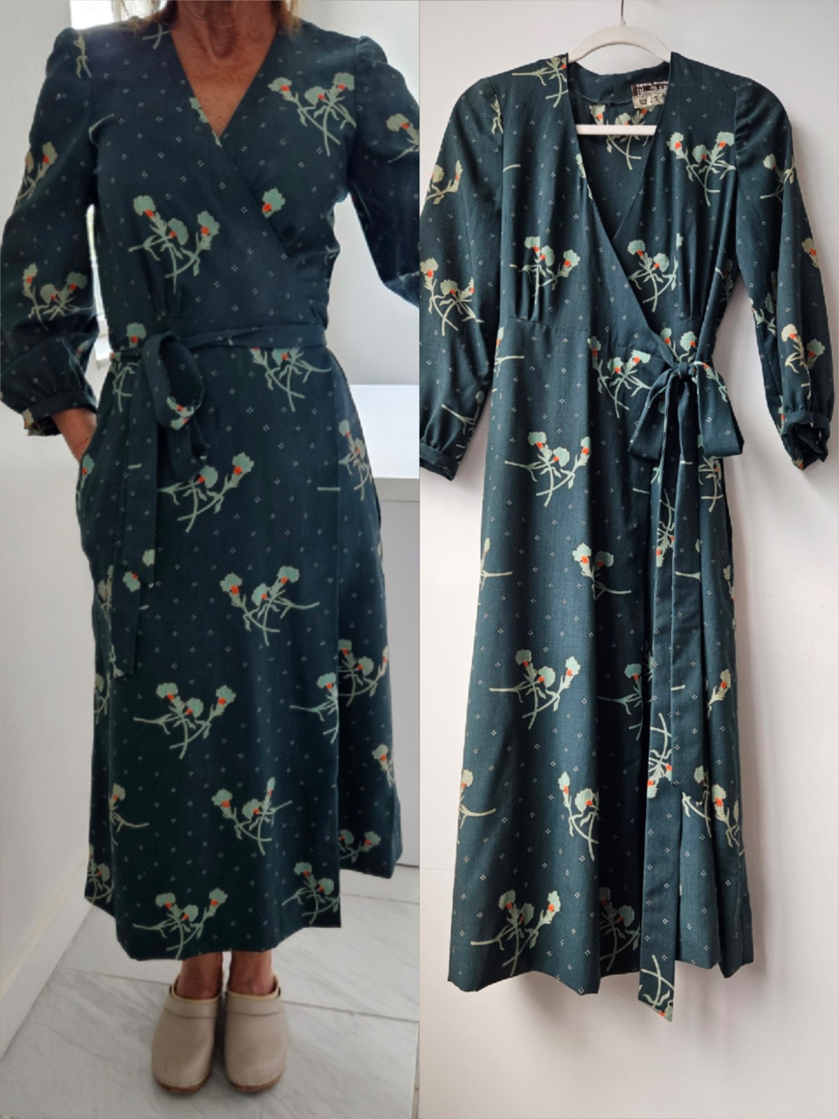 Sonia Rykiel Vintage 70’s Green Floral Long Sleeve Wrap Dress