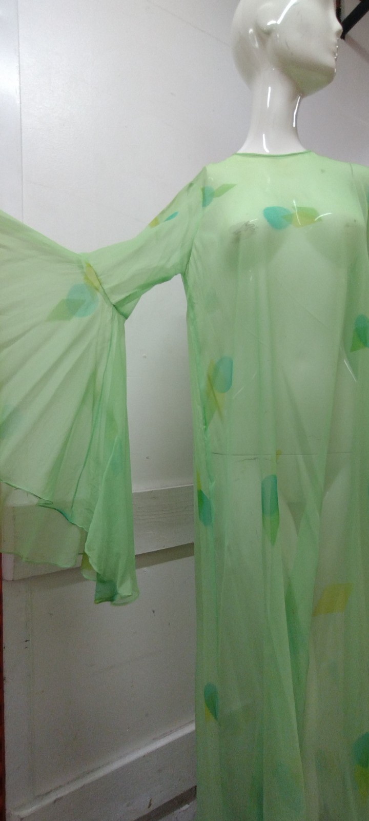Vintage Psychedelic Jade Green Silk Chiffon Wide Bell Sleeves Maxi Gown Sheer L