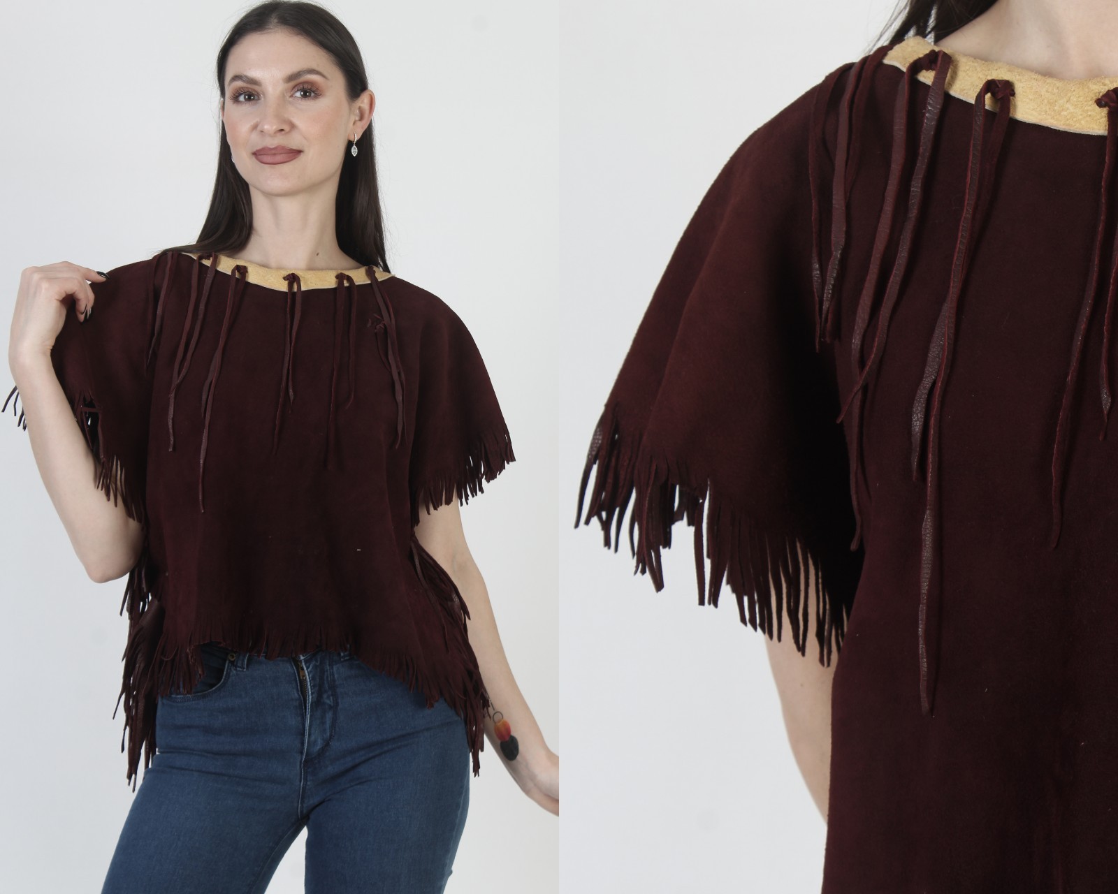 Vtg Brown Suede Poncho Southwestern Fringe Leather Shirt Native American Hide