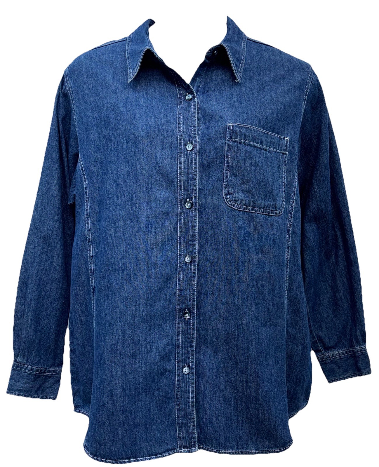 VTG Faded Glory Women Size 18W Button Up Long Sleeve Denim Top Blue 100% Cotton
