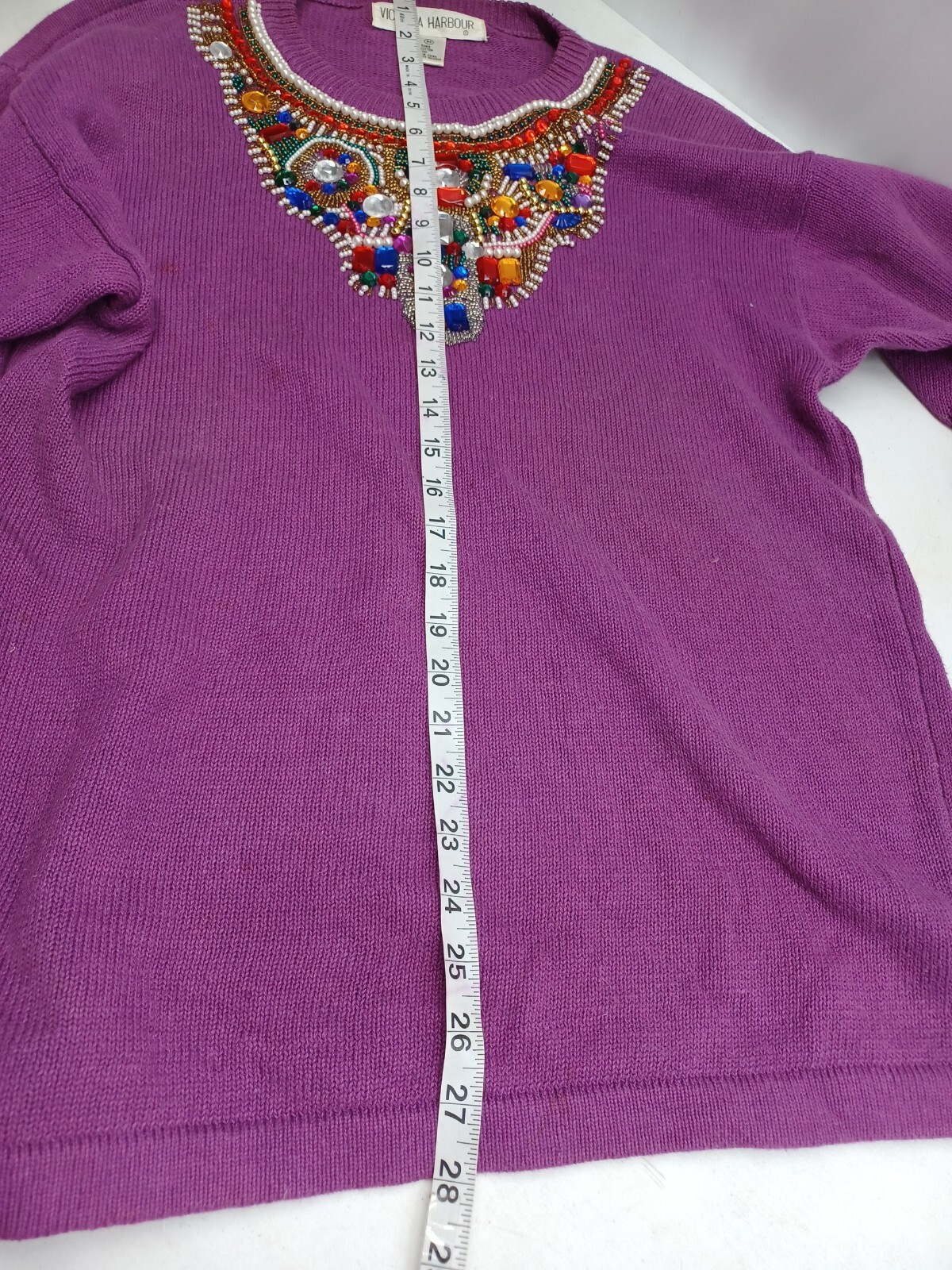 Vtg Victoria Harbour Purple Beaded Gold Sweater Embellished Size M