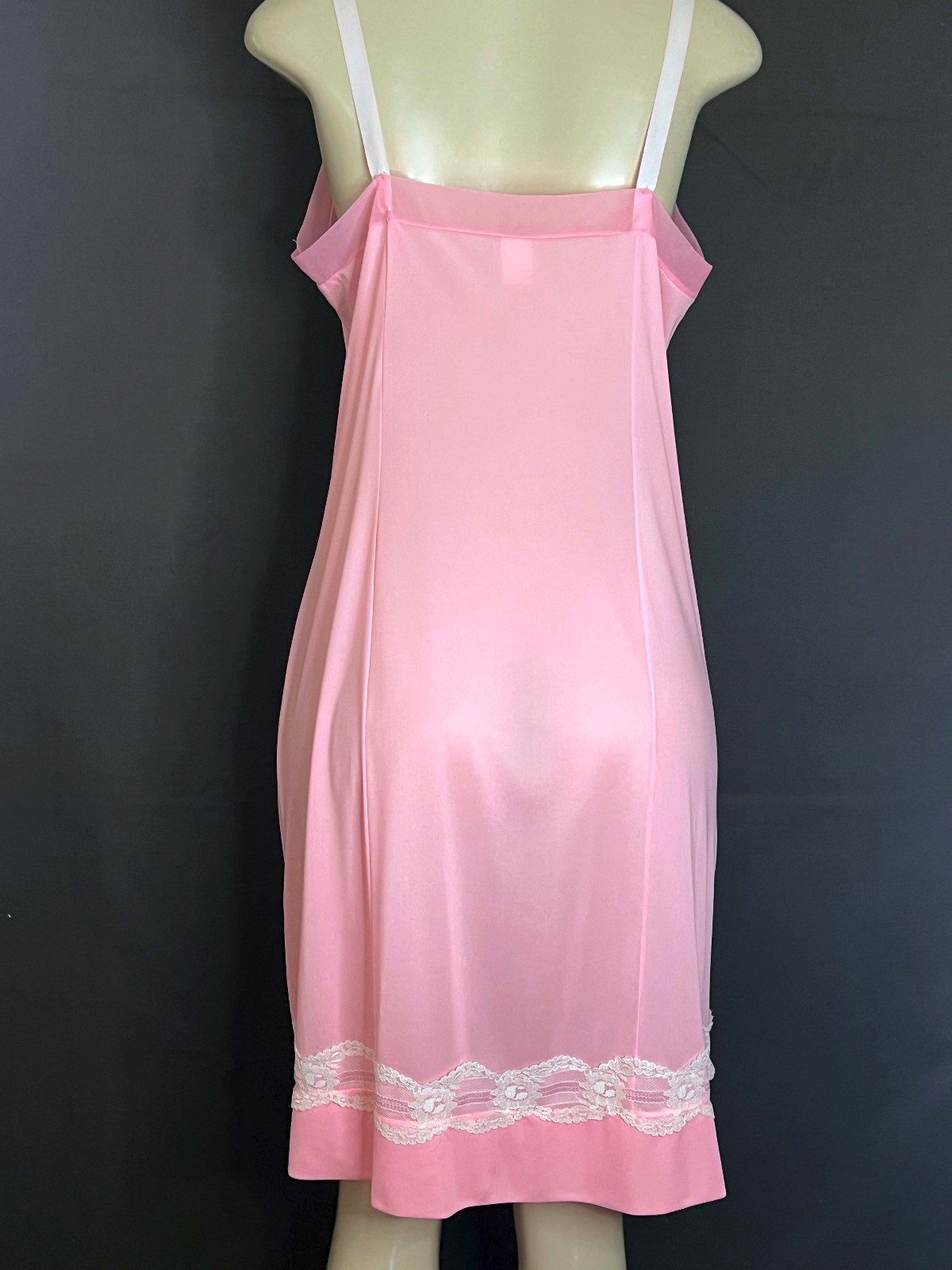 Vintage 50’s Pink Nylon Satin Slip/ Nightgown/ Lace Trim- Sz. 38