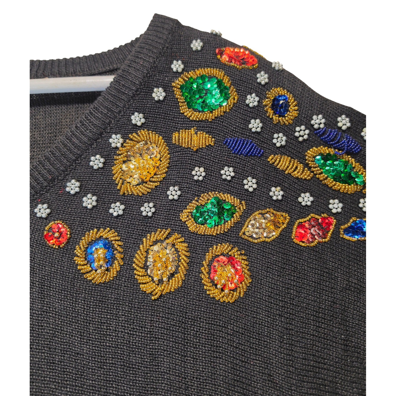 Vintage 1991 SML Sport Ltd Black Beaded Sequin V-Neck Sweater Womens M Retro
