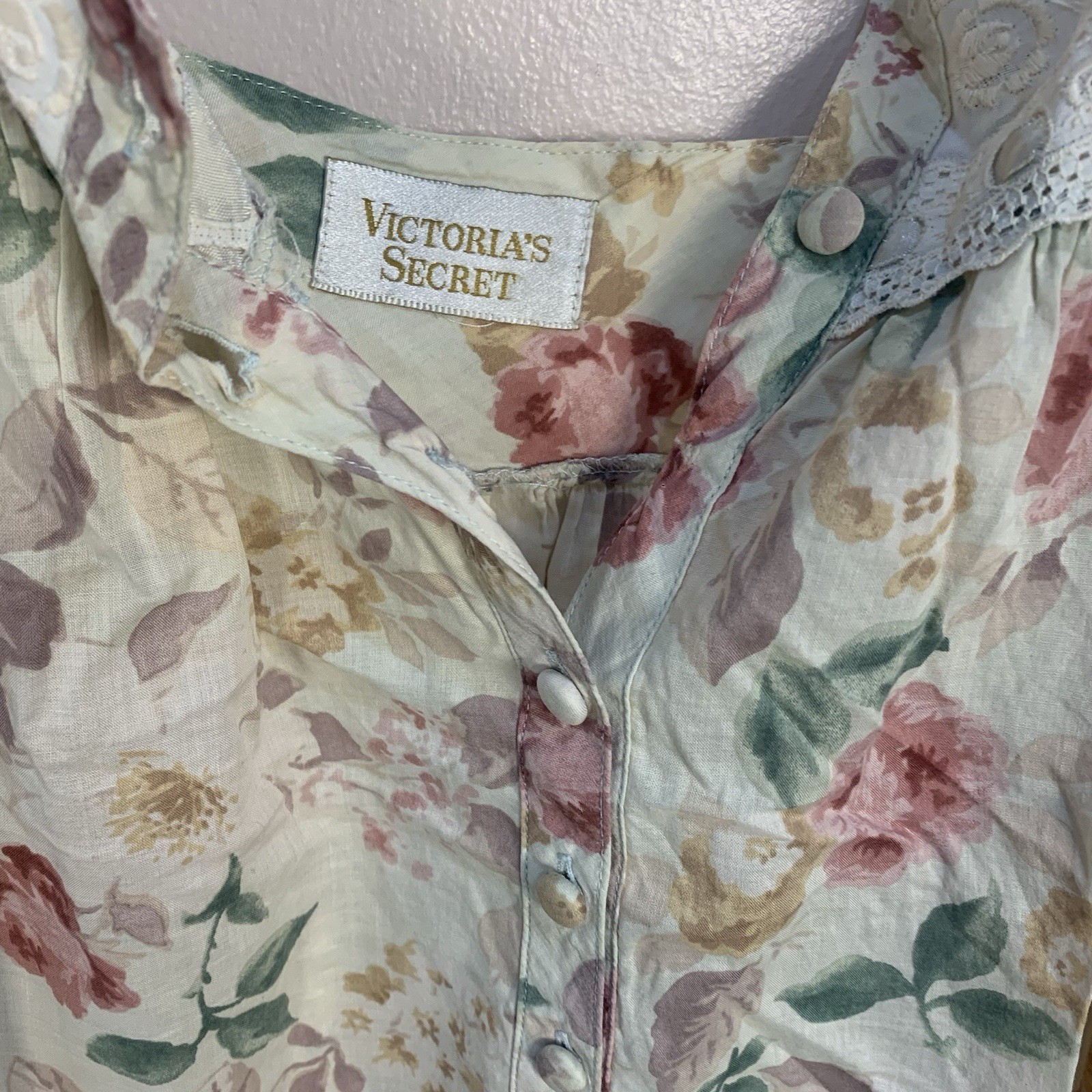 Victoria Secret VTG Gold Cotton Lace Floral Ribbon Cottage Prairie Nightdress XL