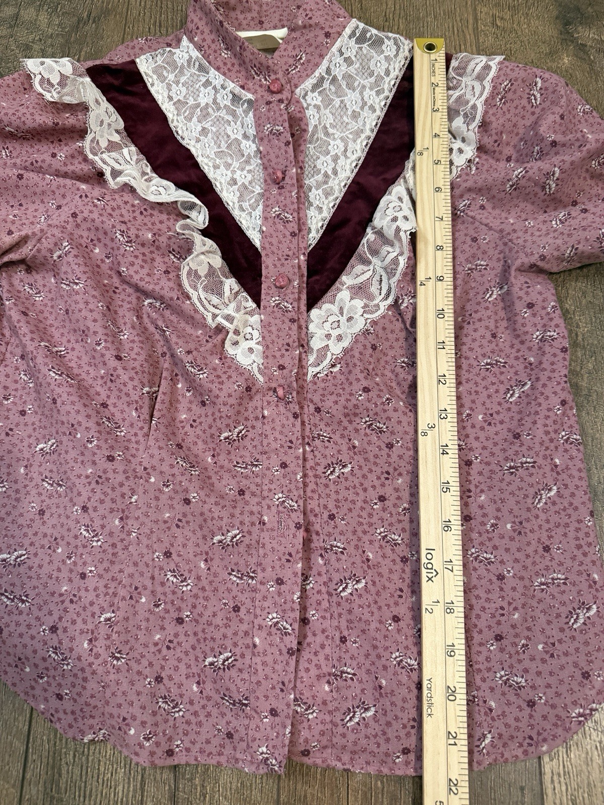 Vintage Spotlight Of California Mauve High Neck Ruffle Prairie Rose Button Up M