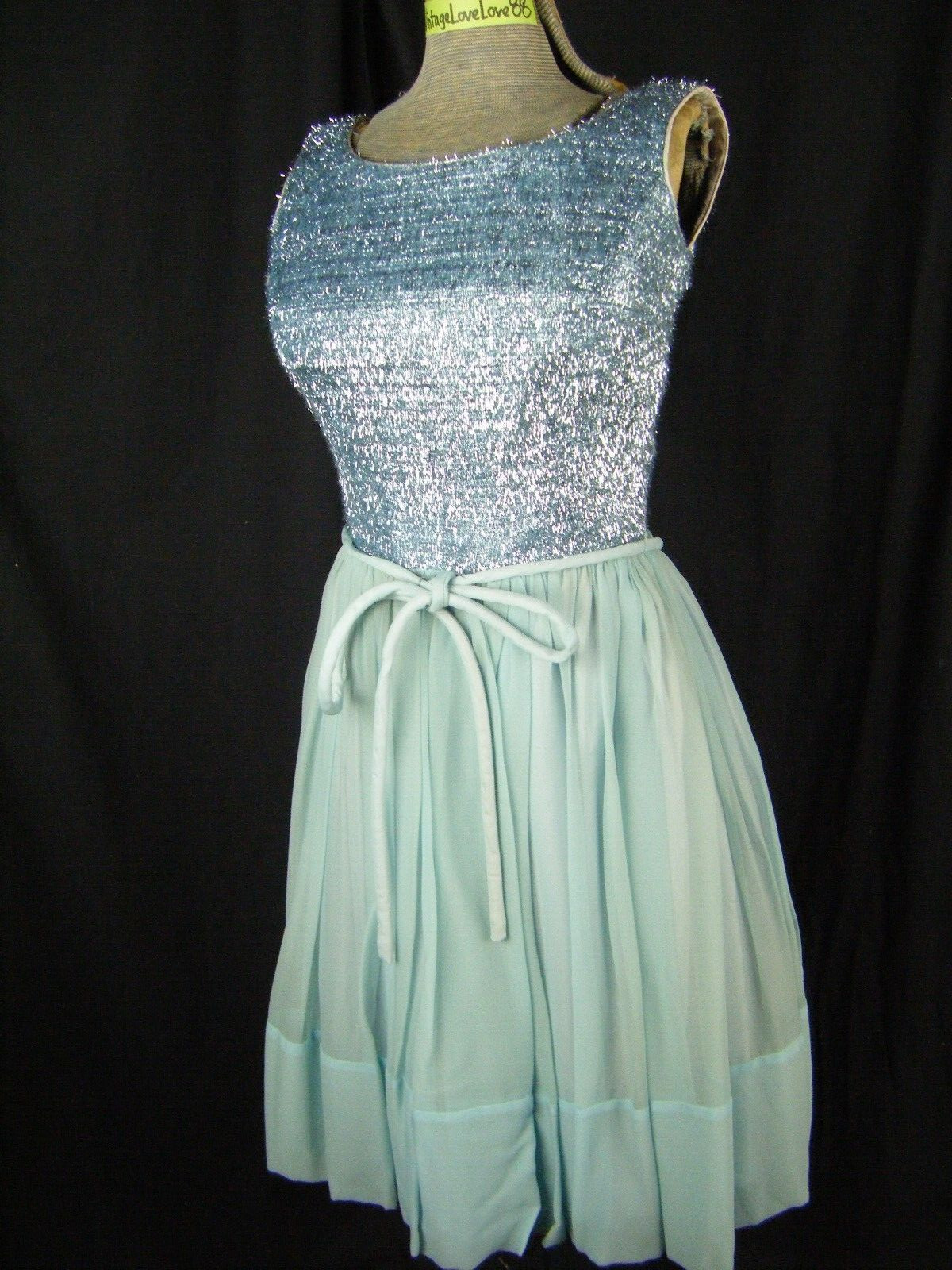 JO JR DALLAS Vtg 50-60s Metallic Tessel Blue Chiffon Party Dress-Bust 32/3XS
