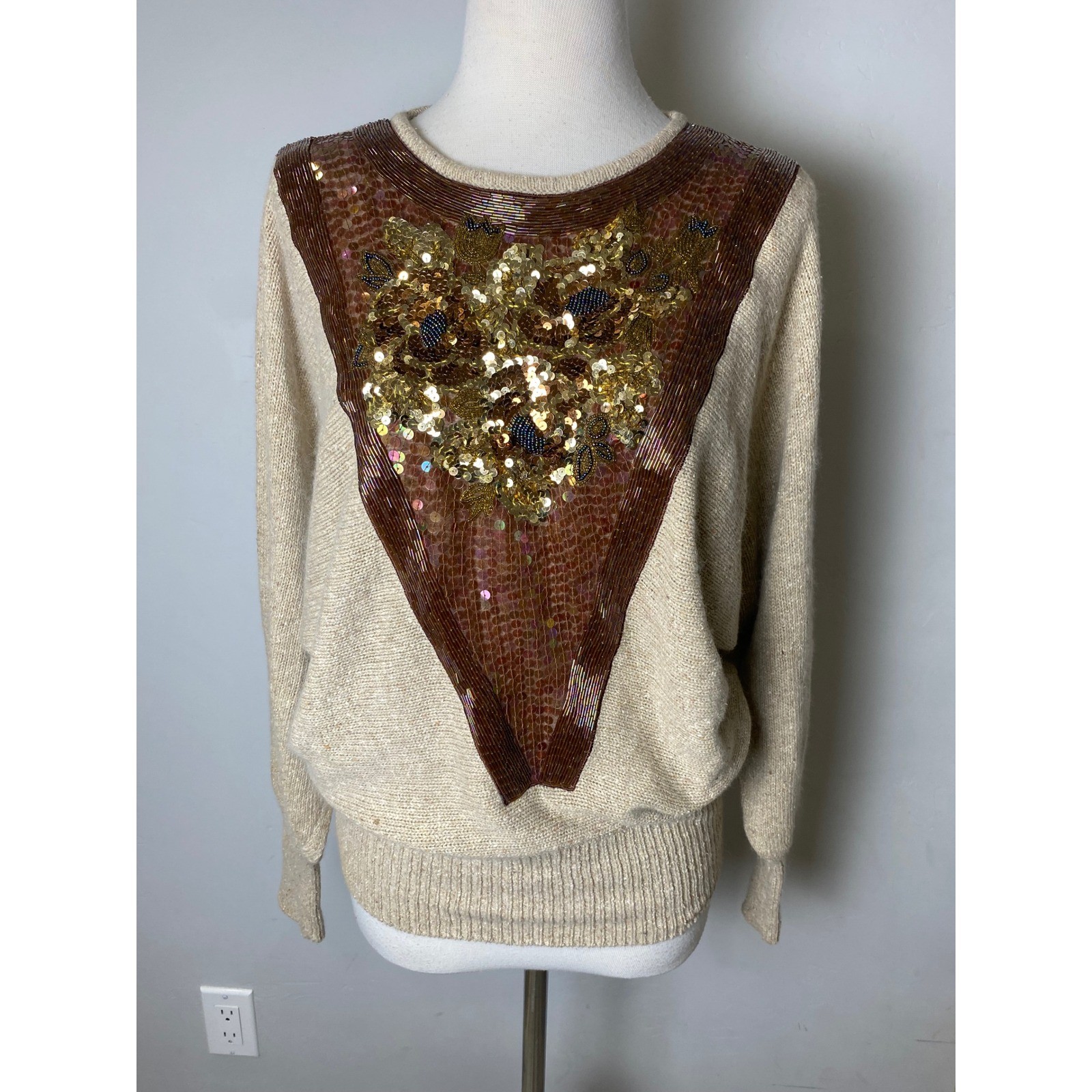 Cedars Vintage Silk Blend Beaded Sequin Sweater Tan Gold Embellished Womens L