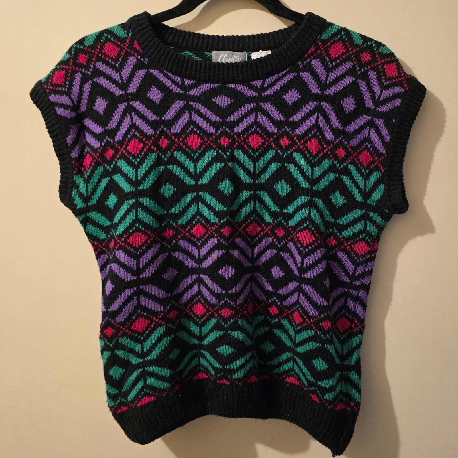 Vintage Clovelly Geometric Knit Sweater Vest Silk Angora Blend Purple Teal M