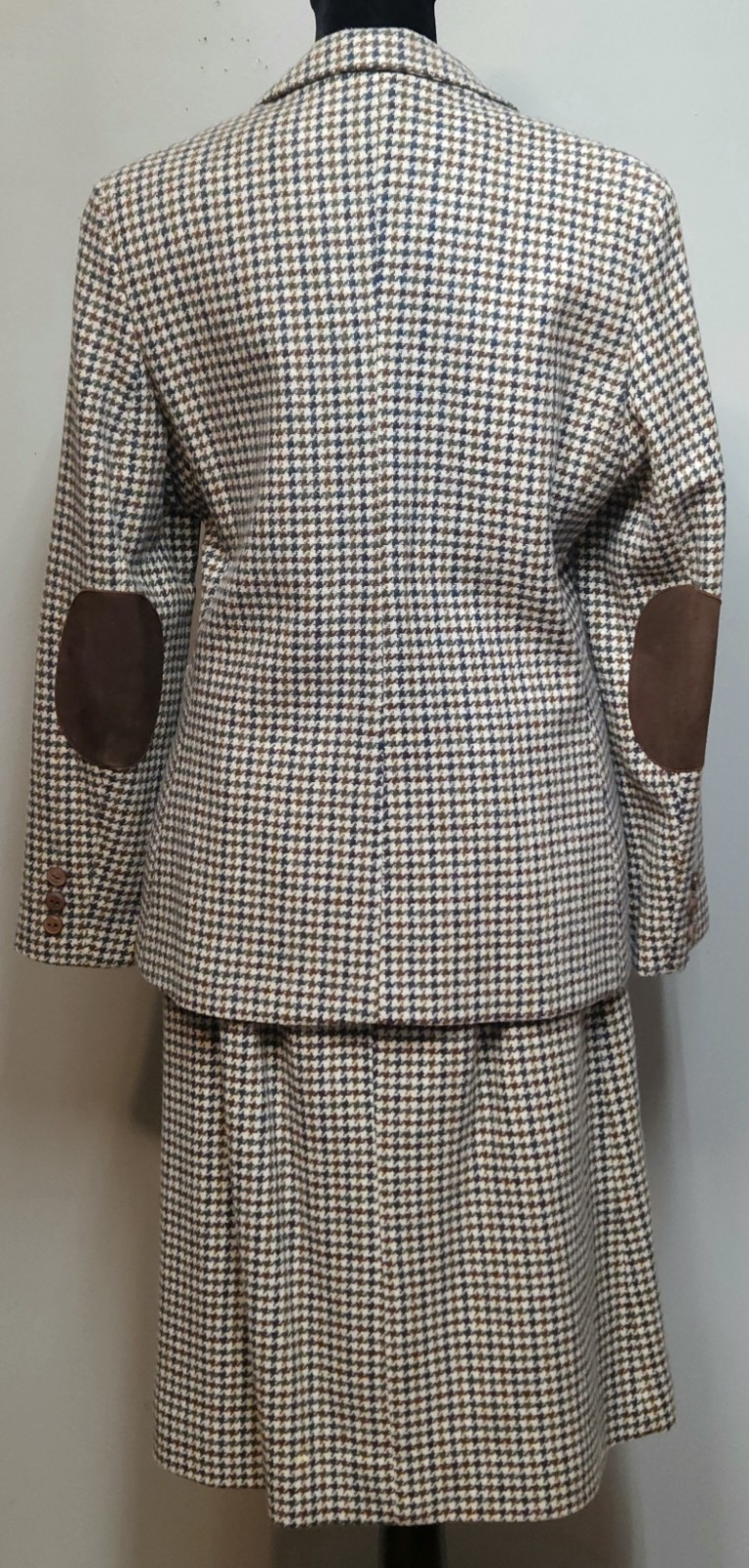 Vintage Prestige of Boston Wool Houndstooth Skirt Suit Blue Brown Cream Size 14