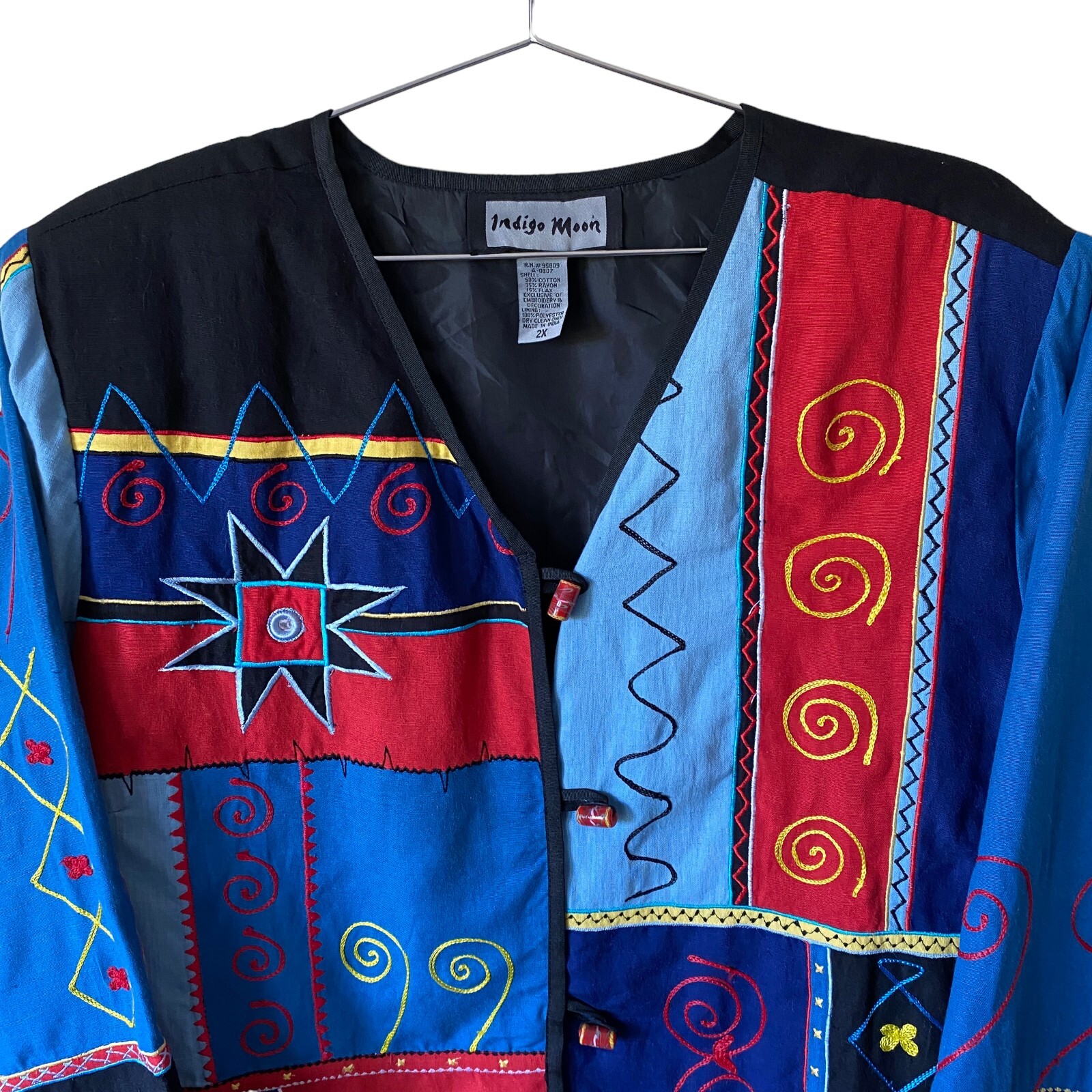 Vintage Indigo Moon Embroidered Patchwork Jacket Art to Wear Retro Abstract Boho