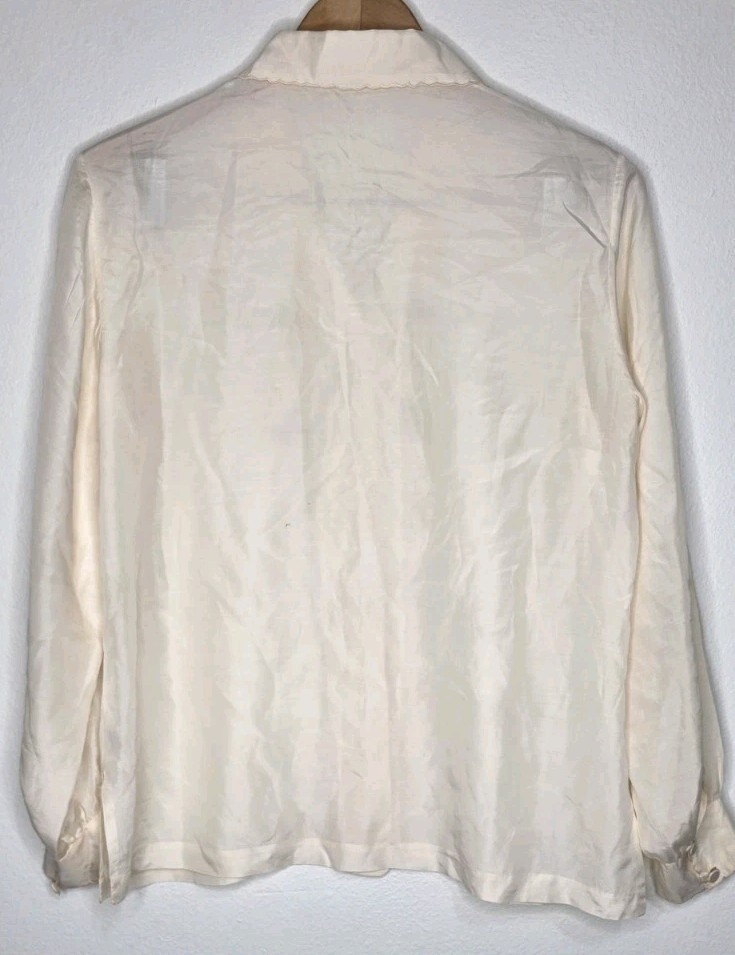 Vintage 70s Silk Hand Embroidered Cut Out Lace Blouse Boho Victorian Ivory
