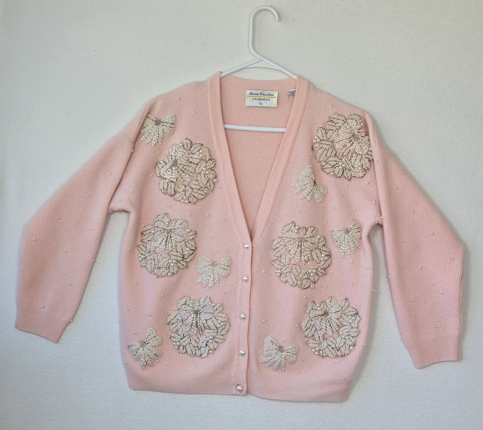 Vtg 90s Grandmacore Cardigan Marisa Christina Bead Embroidered Bows Sz L Wool