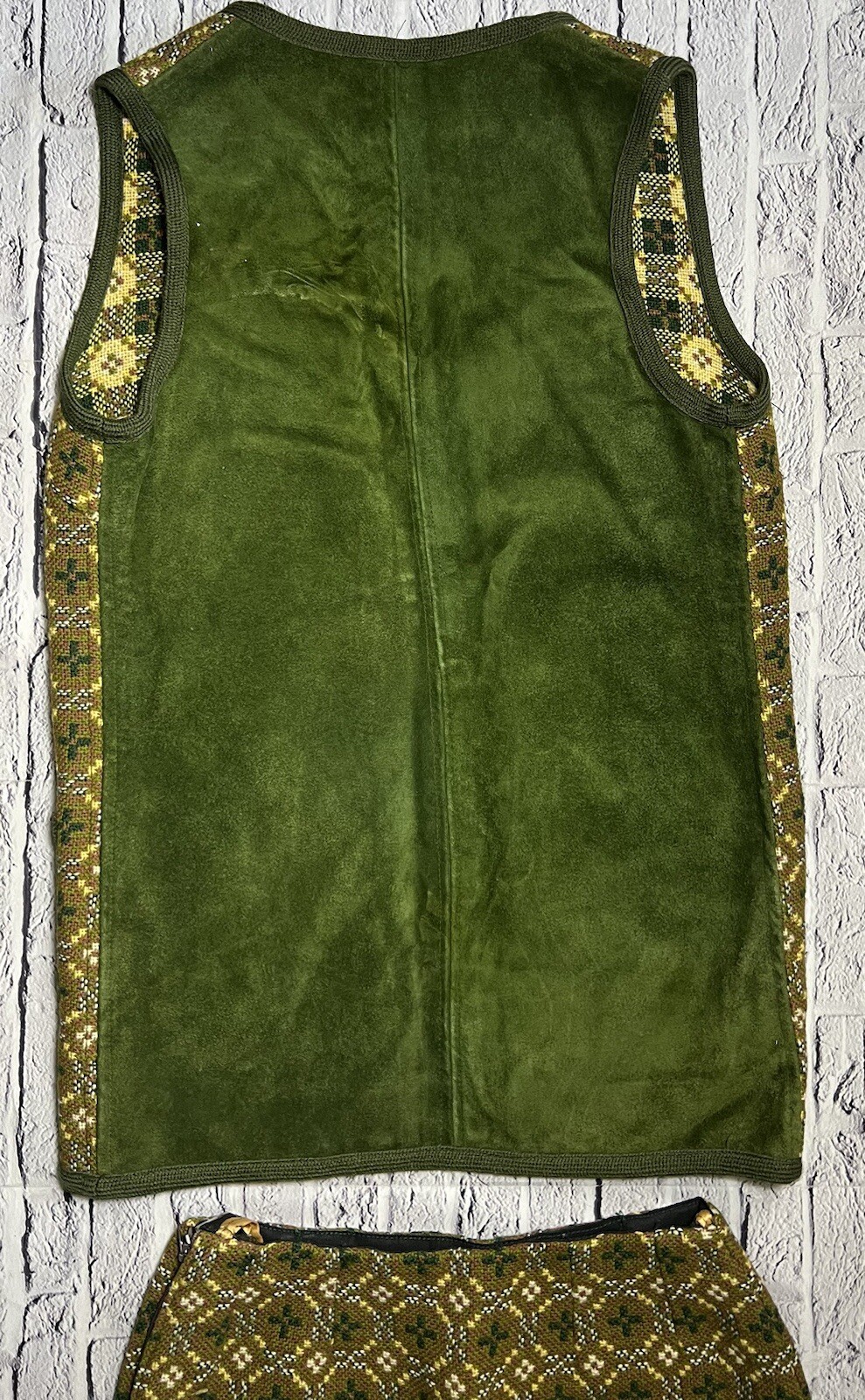 Vintage Welsh Gwydir Garments Pure New Wool/Suede 2pc Skirt Vest Top 34 Small