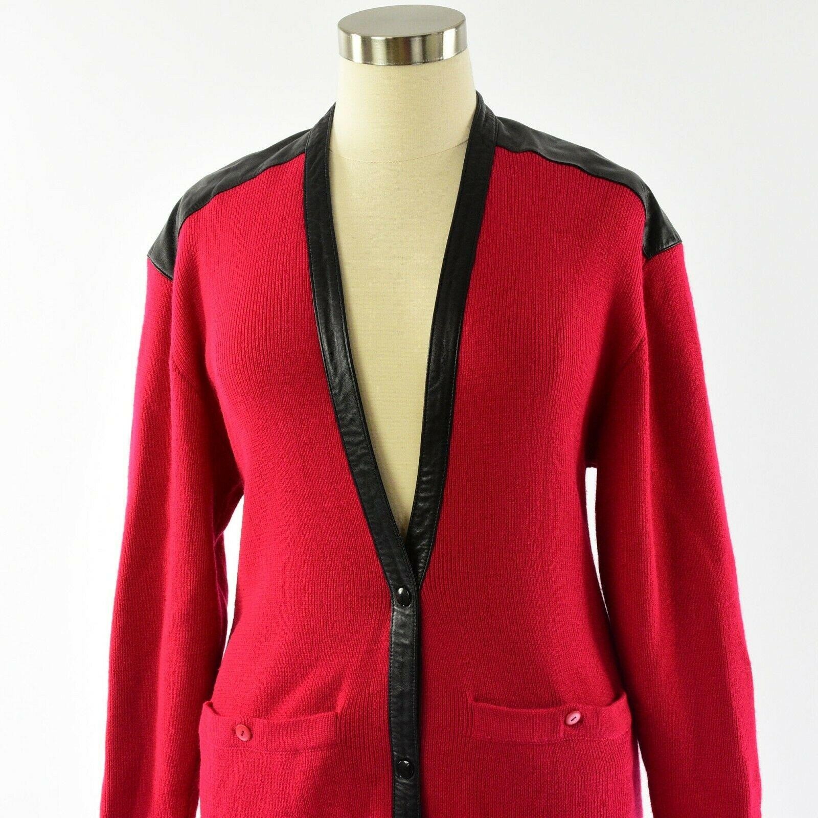 80s Vintage Red Wool Leather Trim Long Cardigan Jacket Eleanor Brenner Womens M