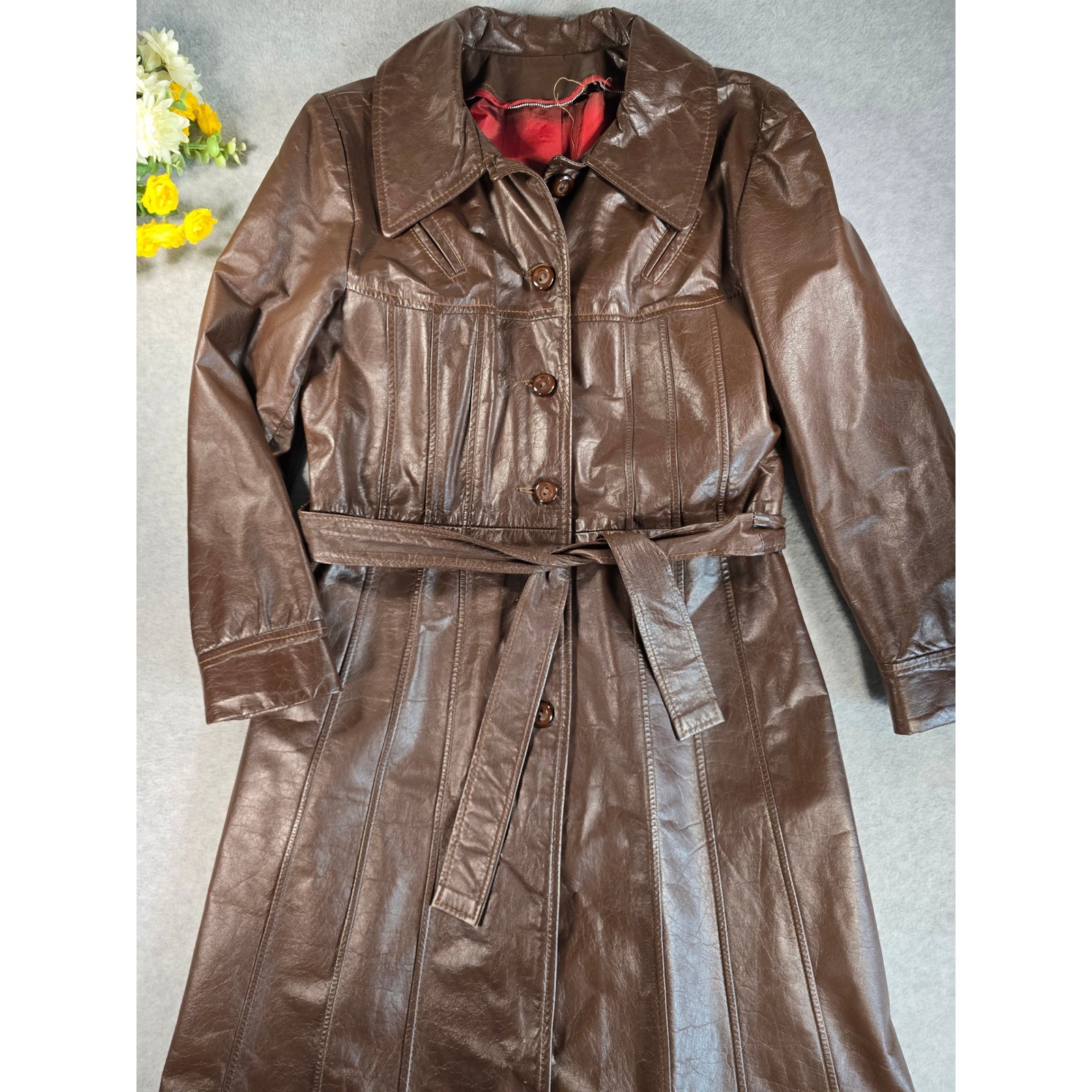 Vintage 70s Brown Leather Trench Coat Long Belted Womens 14 Junior Gallery Retro