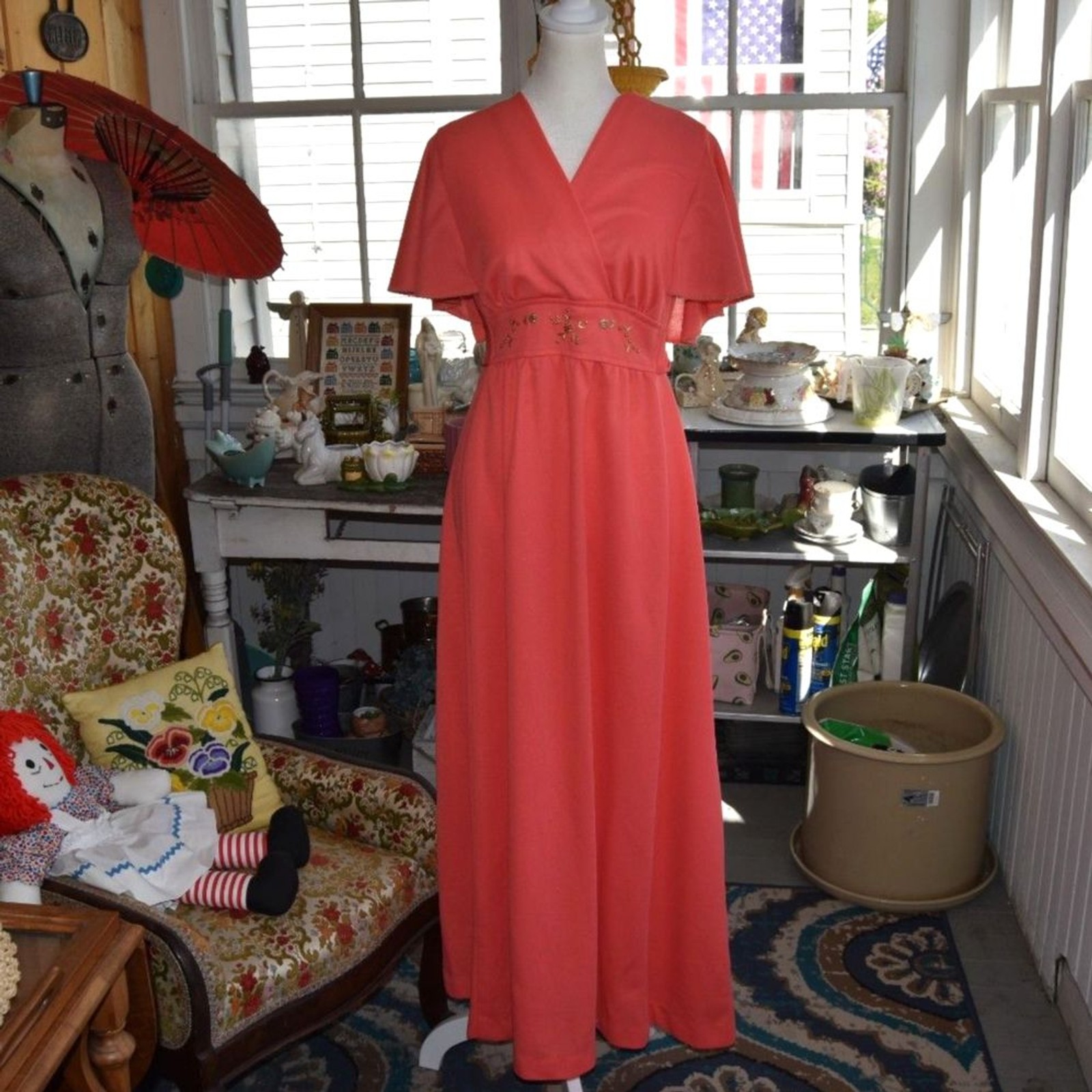 Vintage 70s Coral Hostess Gown Maxi Dress Empire Waist Flutter Sleeve L