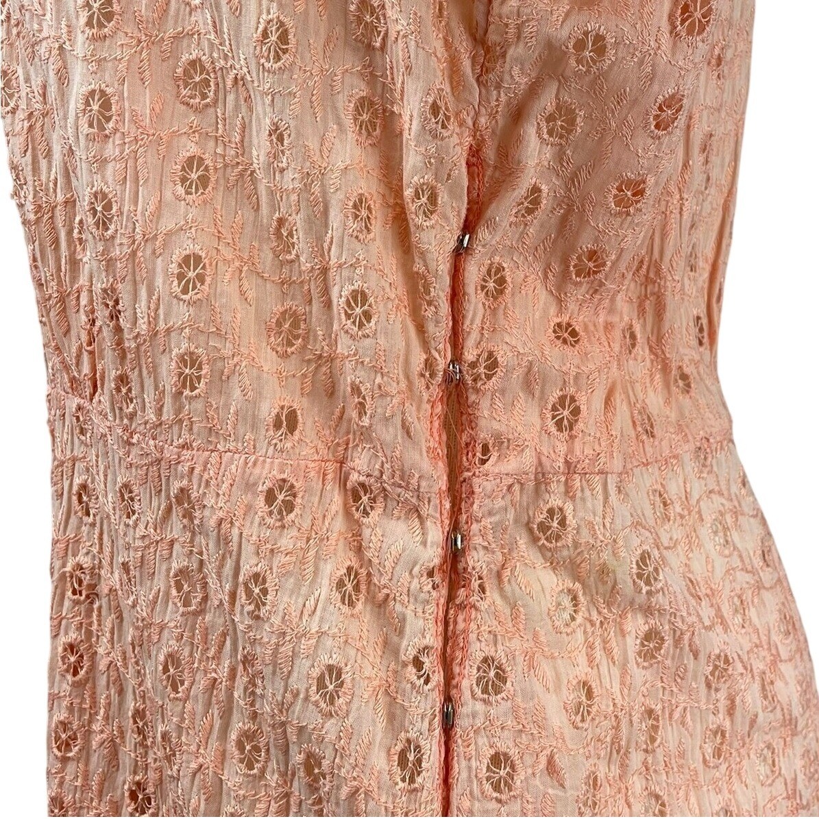 Vintage Womens (M/L) 50s Peach Eyelet Dress Boho Prairie Buttons Western Sheer