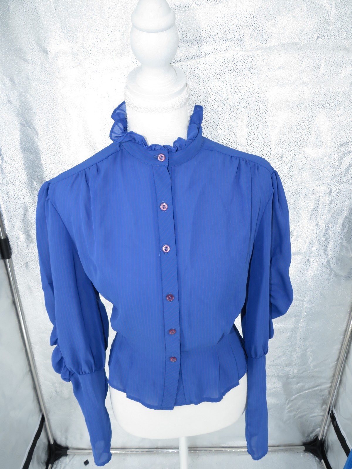 Vintage Cobalt Blue Pinstripe Ruffle Blouse Size Medium Puff Sleeve Button Front