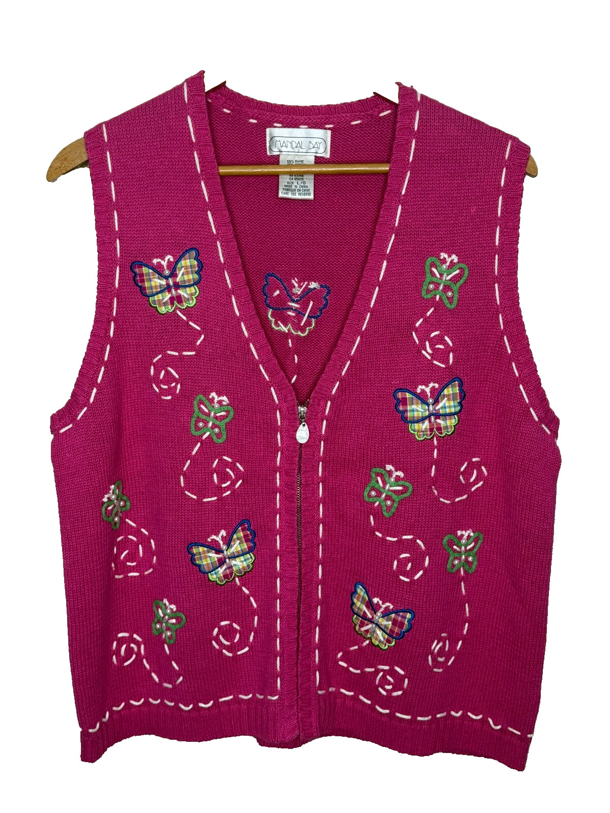 Vintage Mandal Bay Pink Zip Up Sweater Vest Butterflies Sz LG Cottage Grandma