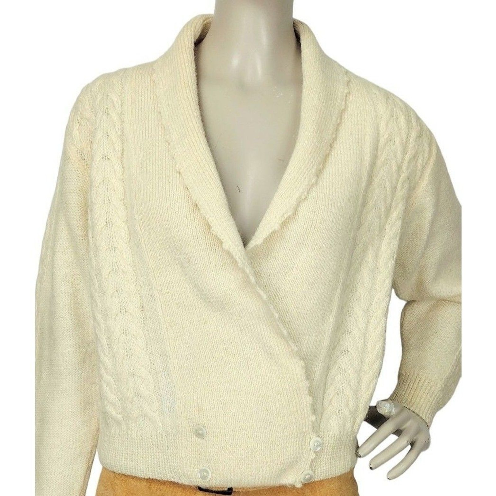 Vintage 70s Alpenblick Alpaca Wool Blend Cable Knit Shawl Neck Surplice Cardigan