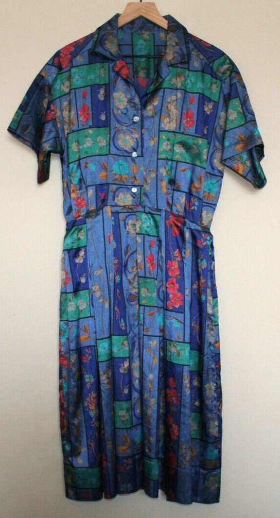 Vintage Dress Shirt 70s 80s Secretary Fit Flare Silky Print Medium 8 10 Grandma