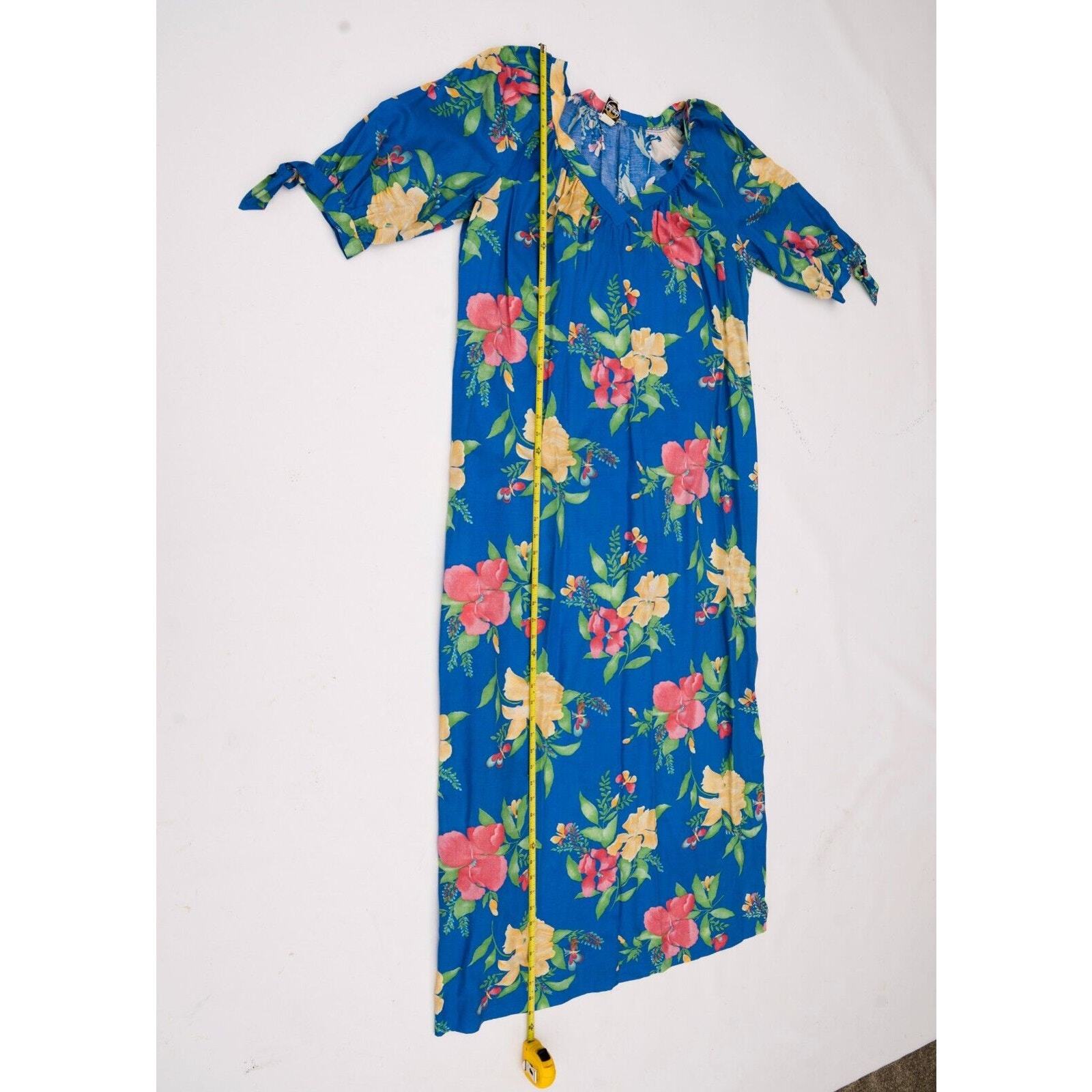 Vtg 70s California Tall Girls Women Dress Blue Floral Tie Sleeve Side Slit