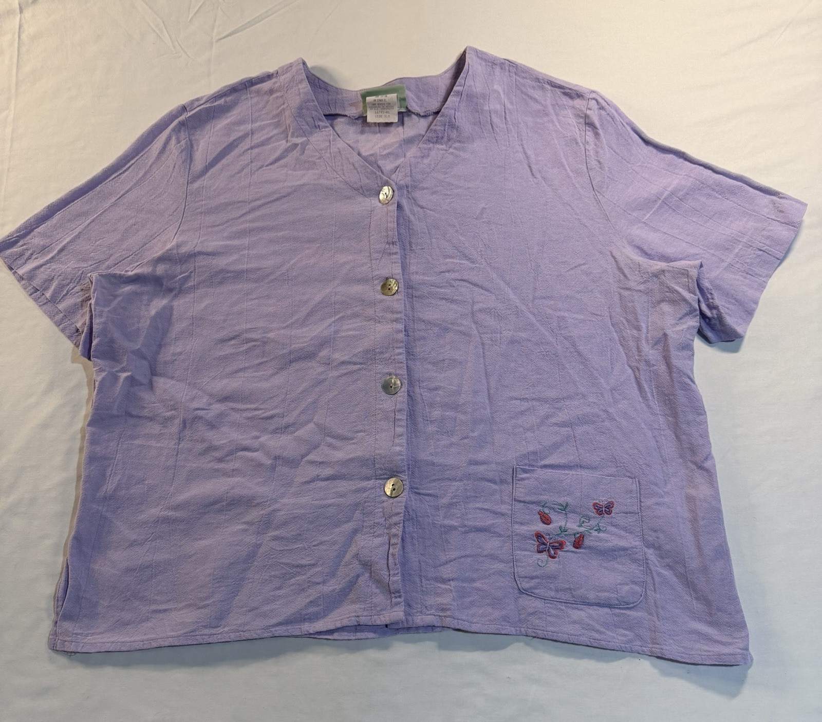 Vintage 220 Hickory Purple Lilac Button Front Blouse XLG Butterfly Pocket Cotton