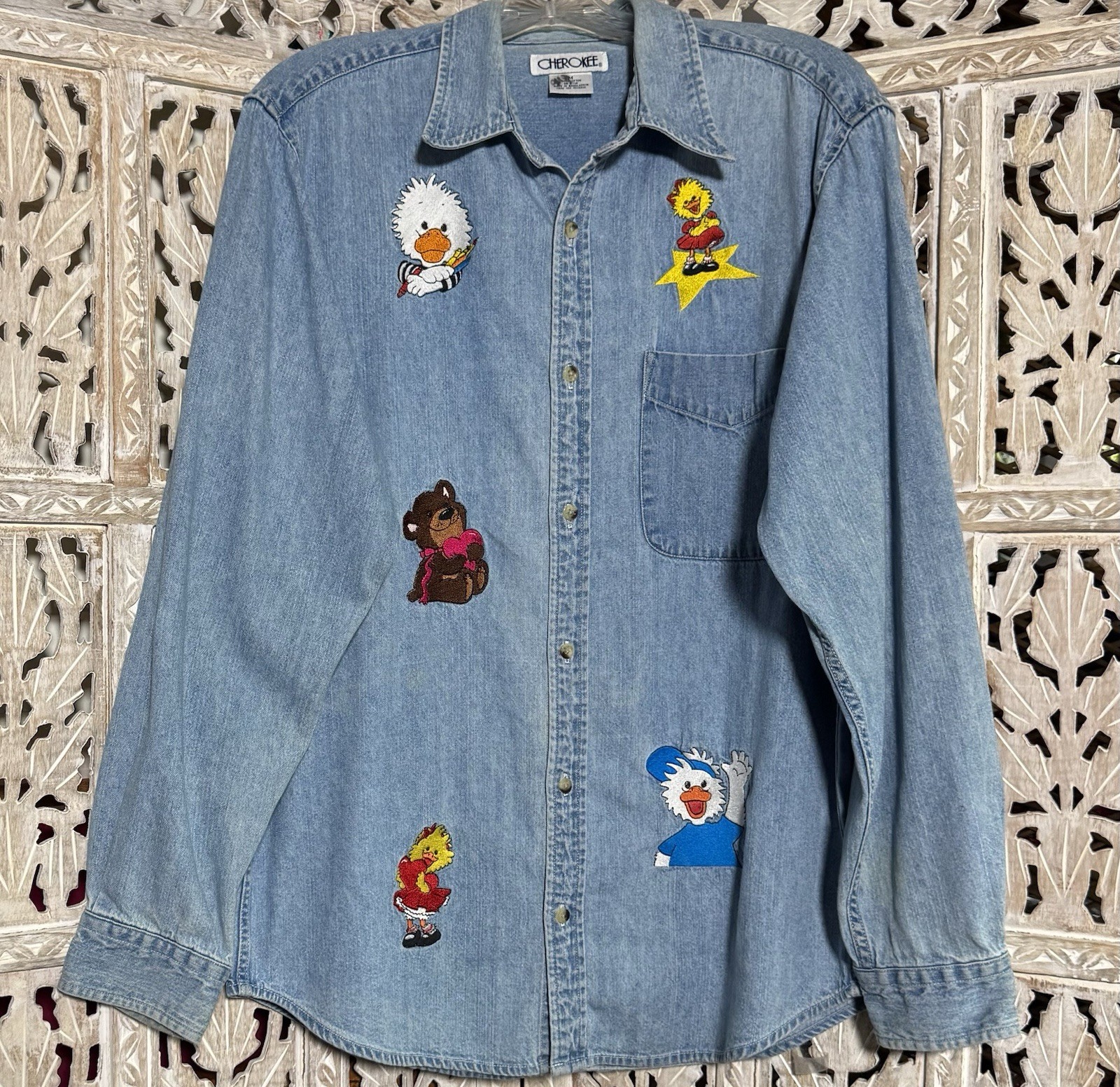 Vintage Cherokee Women’s Denim Long Sleeve Cartoon Embroidered Shirt SZ M