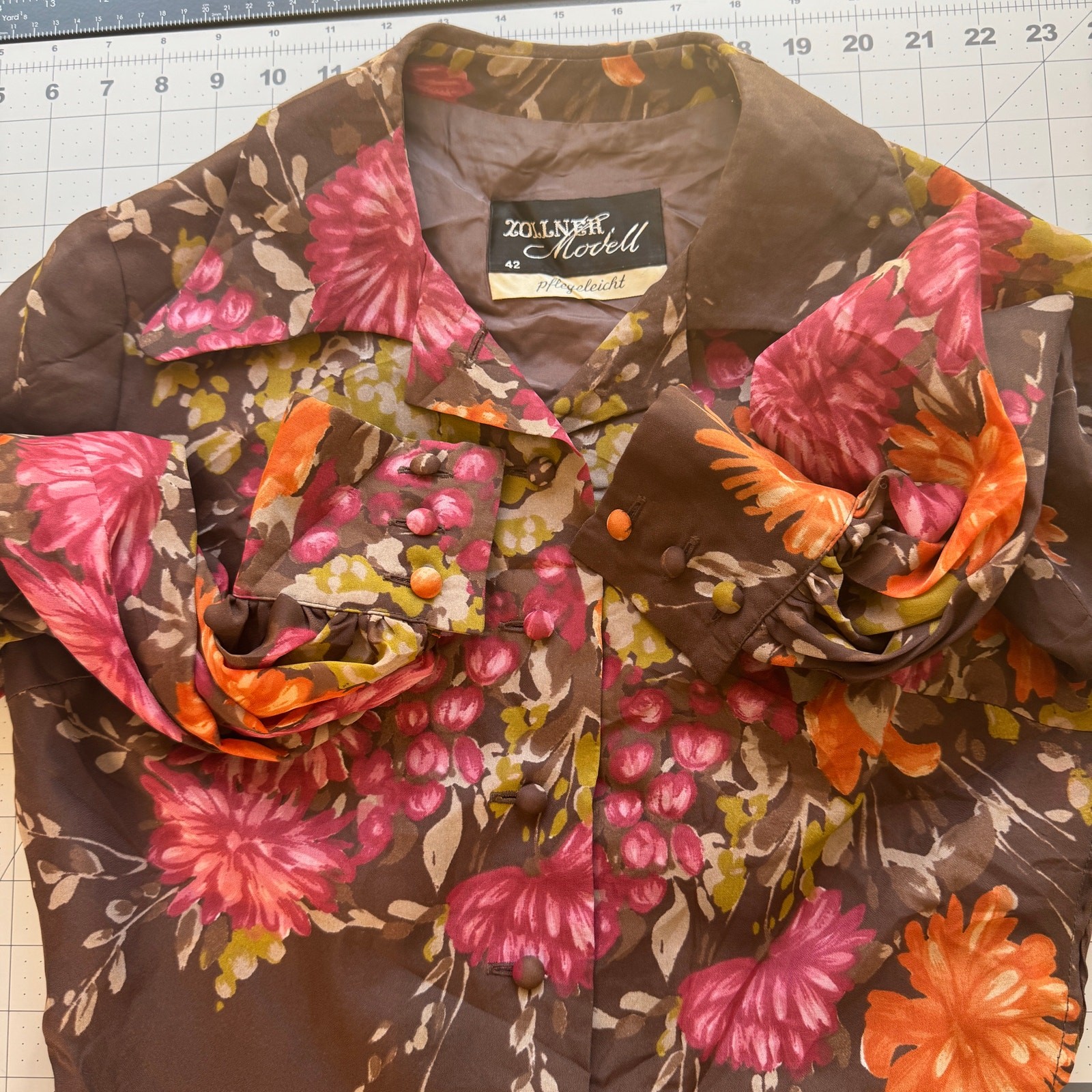 Vintage 1970s Zollner Modell German Floral Blouse Sheer Bishop Sleeve Peplum