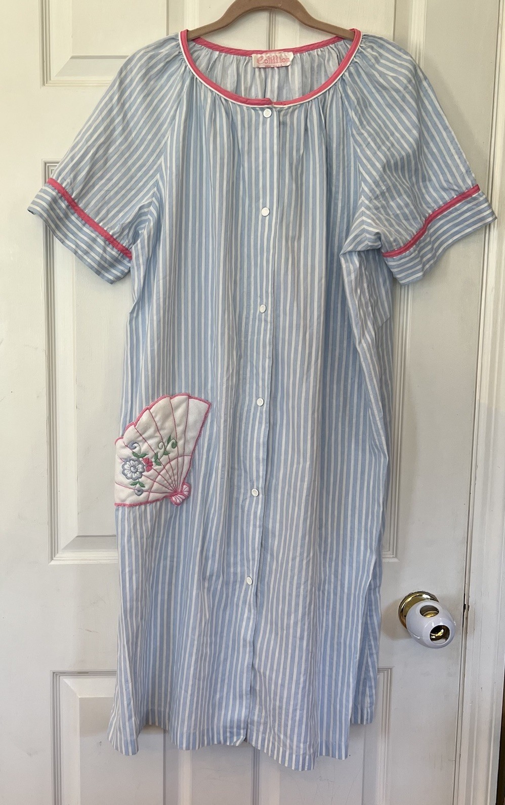 Cotillion Vtg Nightgown Blue Striped Floral Seashell Pocket Sz L NO SIZE TAG