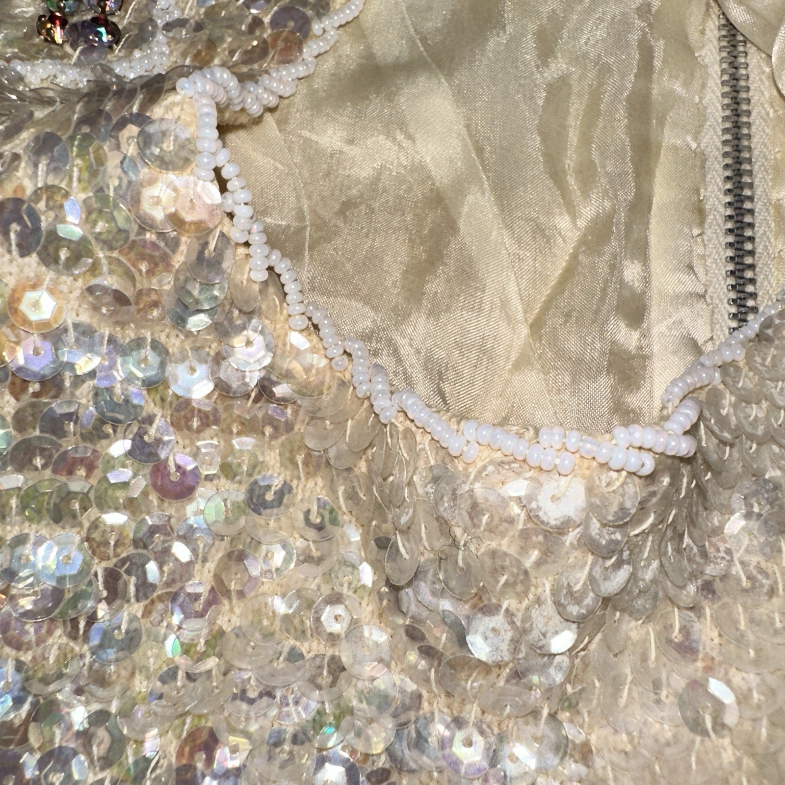 Vtg 50s 60s Hand Beaded Sequin Sleeveless Sweater Top Ivory 34 Glam Holiday Flaw